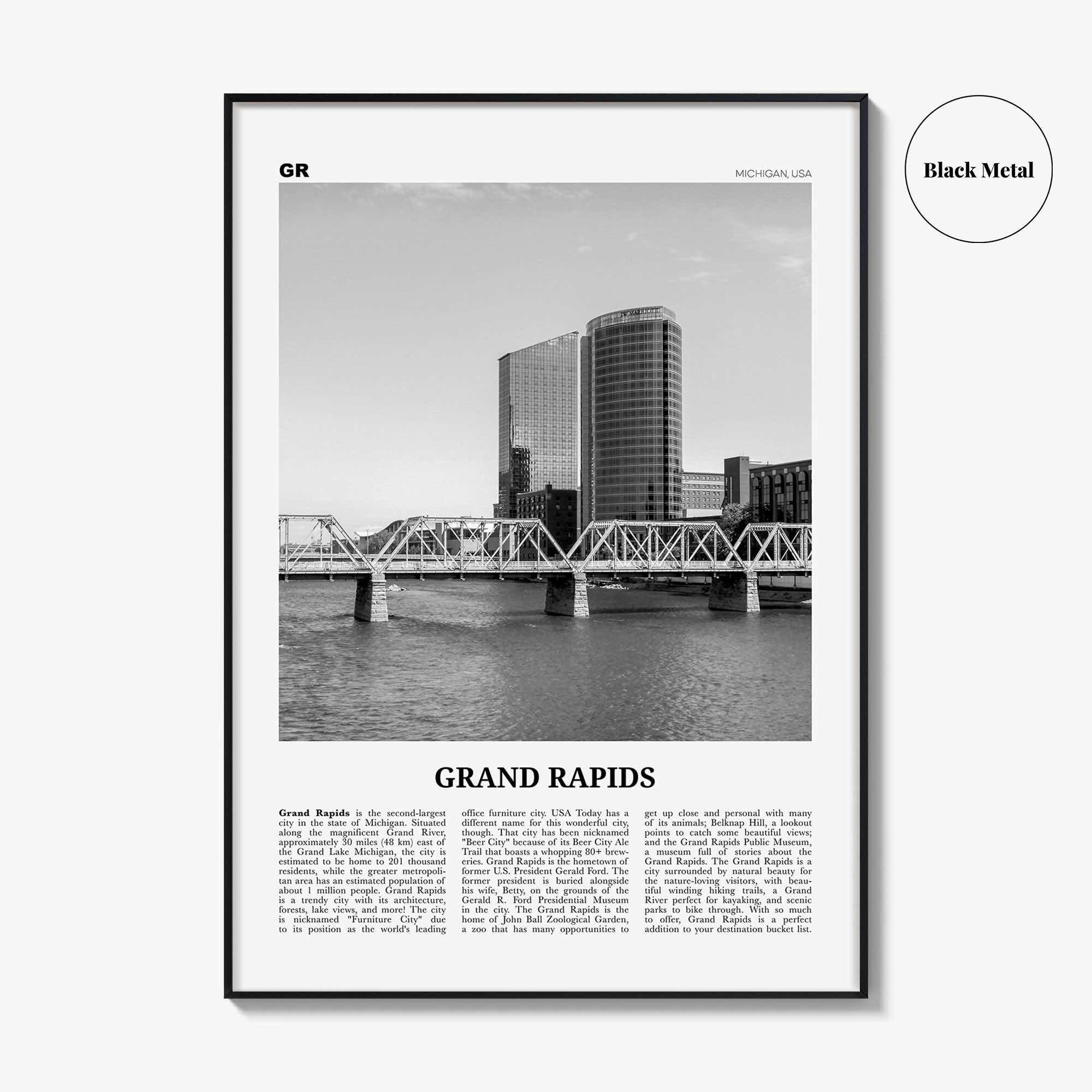 Grand Rapids Print Black and White No 1, Grand Rapids Wall Art, Grand Rapids Poster, Grand Rapids Photo, Grand Rapids, Michigan, USA