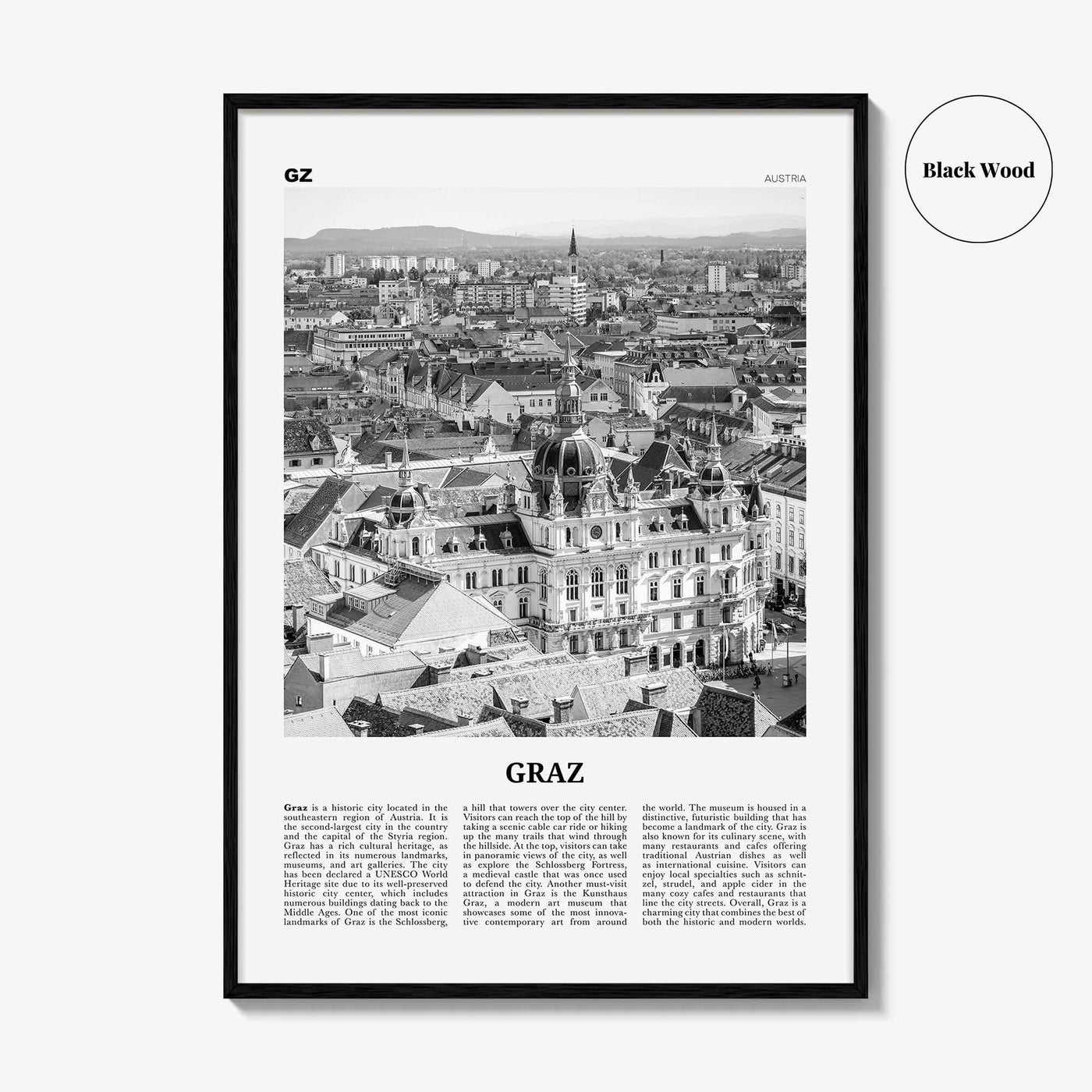 Graz Print Black and White, Graz Wall Art, Graz Poster, Graz Photo, Graz Wall Décor, Graz Map, Austria