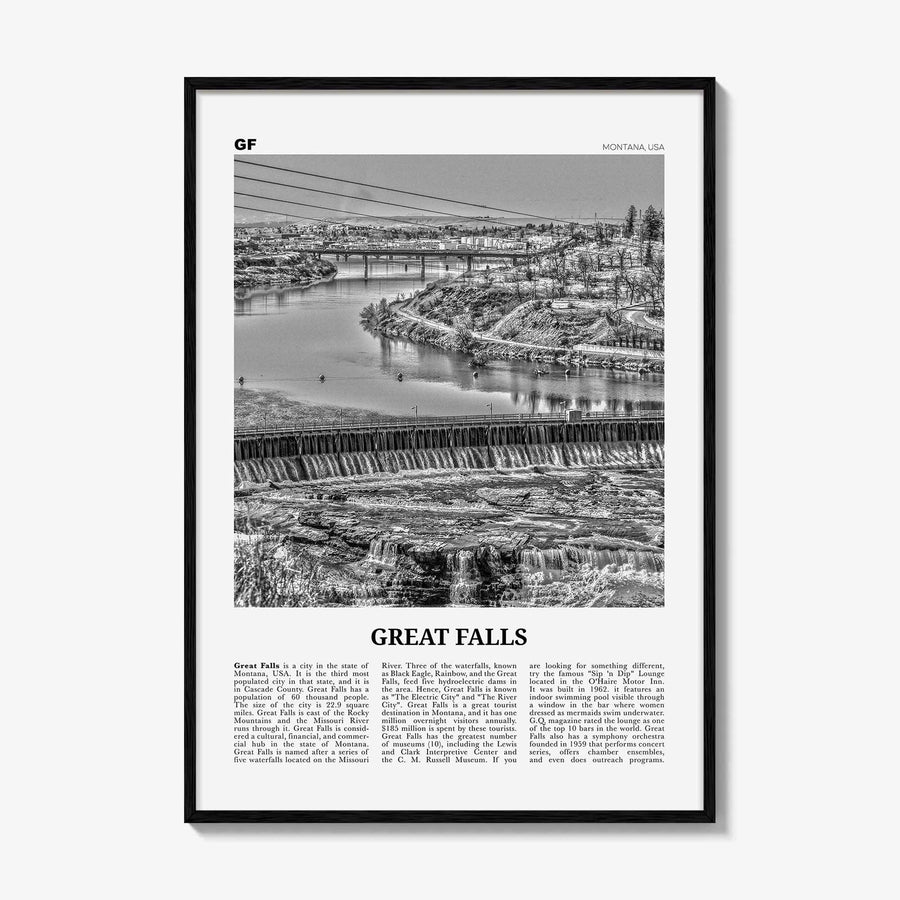 Great Falls Print Black and White Montana, Great Falls Wall Art, Great Falls Poster, Great Falls Photo, Great Falls Map, Montana, USA
