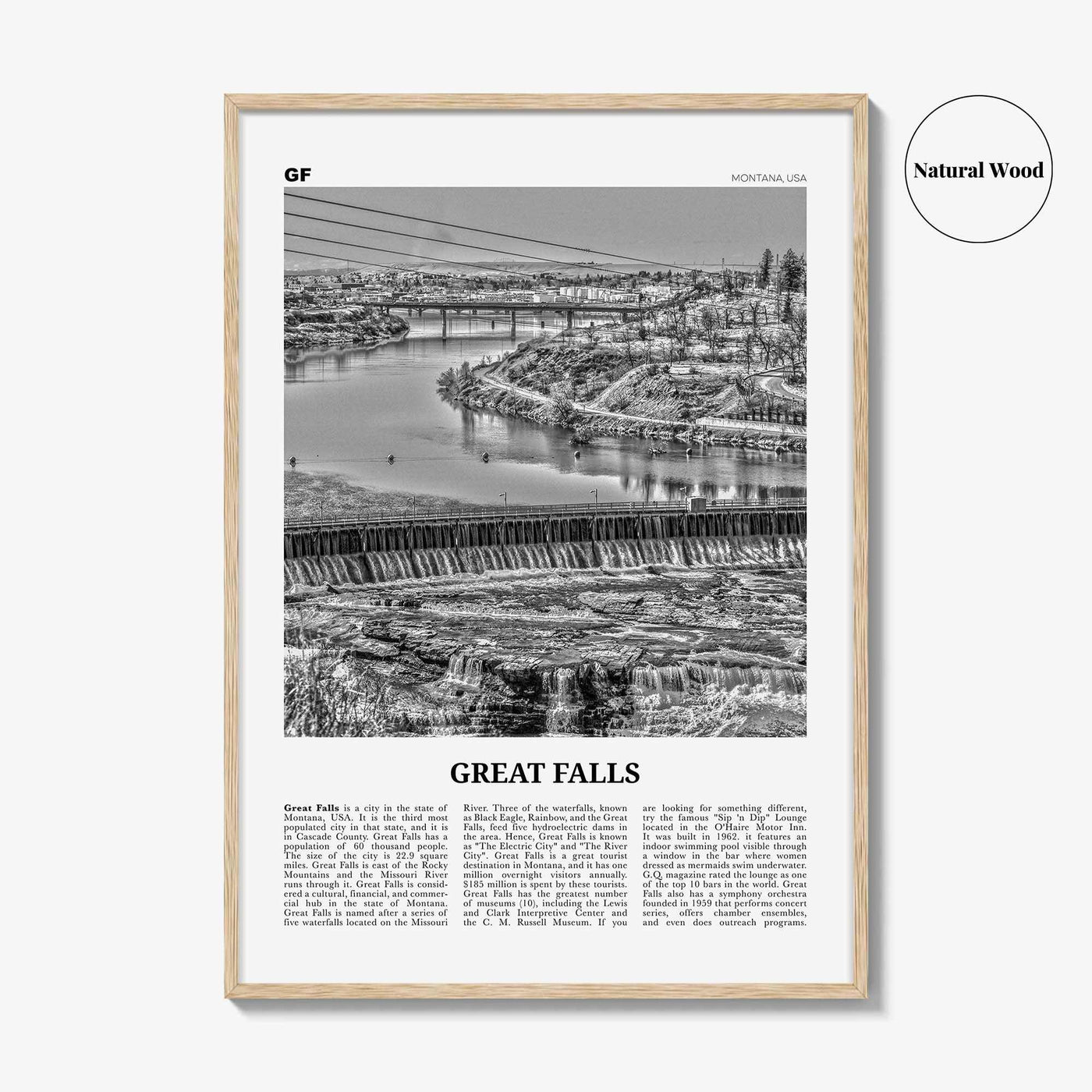 Great Falls Print Black and White Montana, Great Falls Wall Art, Great Falls Poster, Great Falls Photo, Great Falls Map, Montana, USA