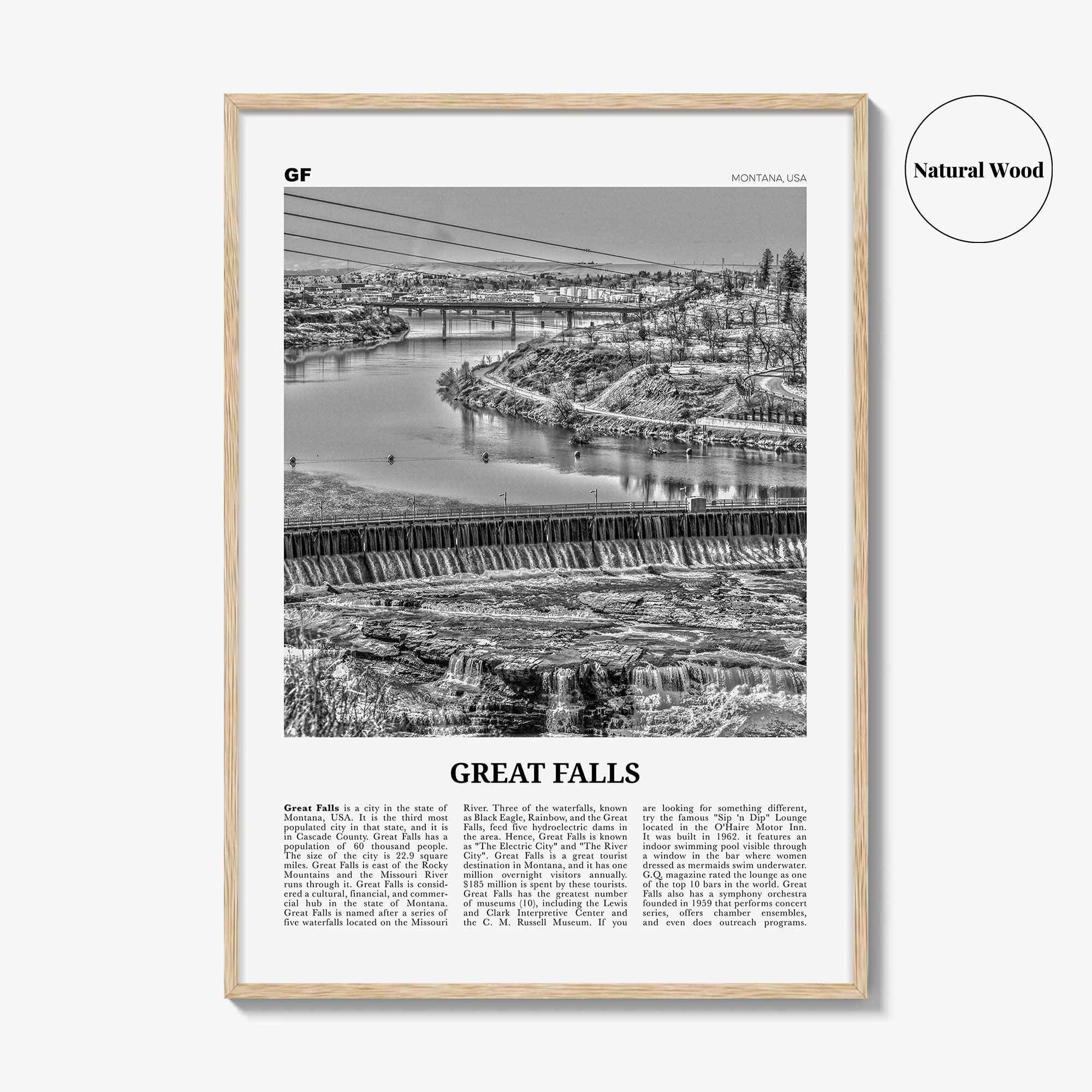 Great Falls Print Black and White Montana, Great Falls Wall Art, Great Falls Poster, Great Falls Photo, Great Falls Map, Montana, USA