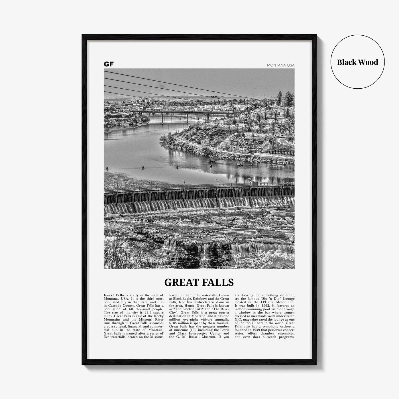Great Falls Print Black and White Montana, Great Falls Wall Art, Great Falls Poster, Great Falls Photo, Great Falls Map, Montana, USA