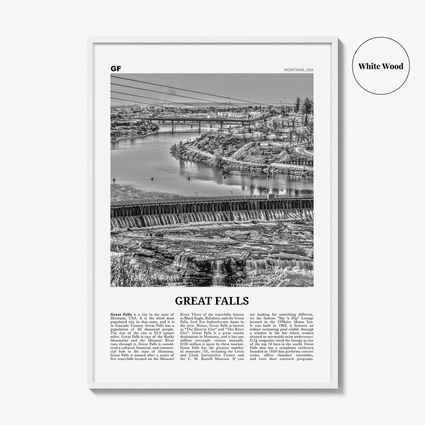 Great Falls Print Black and White Montana, Great Falls Wall Art, Great Falls Poster, Great Falls Photo, Great Falls Map, Montana, USA