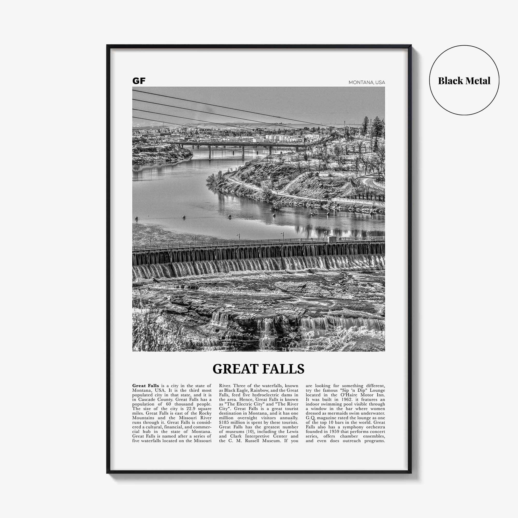 Great Falls Print Black and White Montana, Great Falls Wall Art, Great Falls Poster, Great Falls Photo, Great Falls Map, Montana, USA