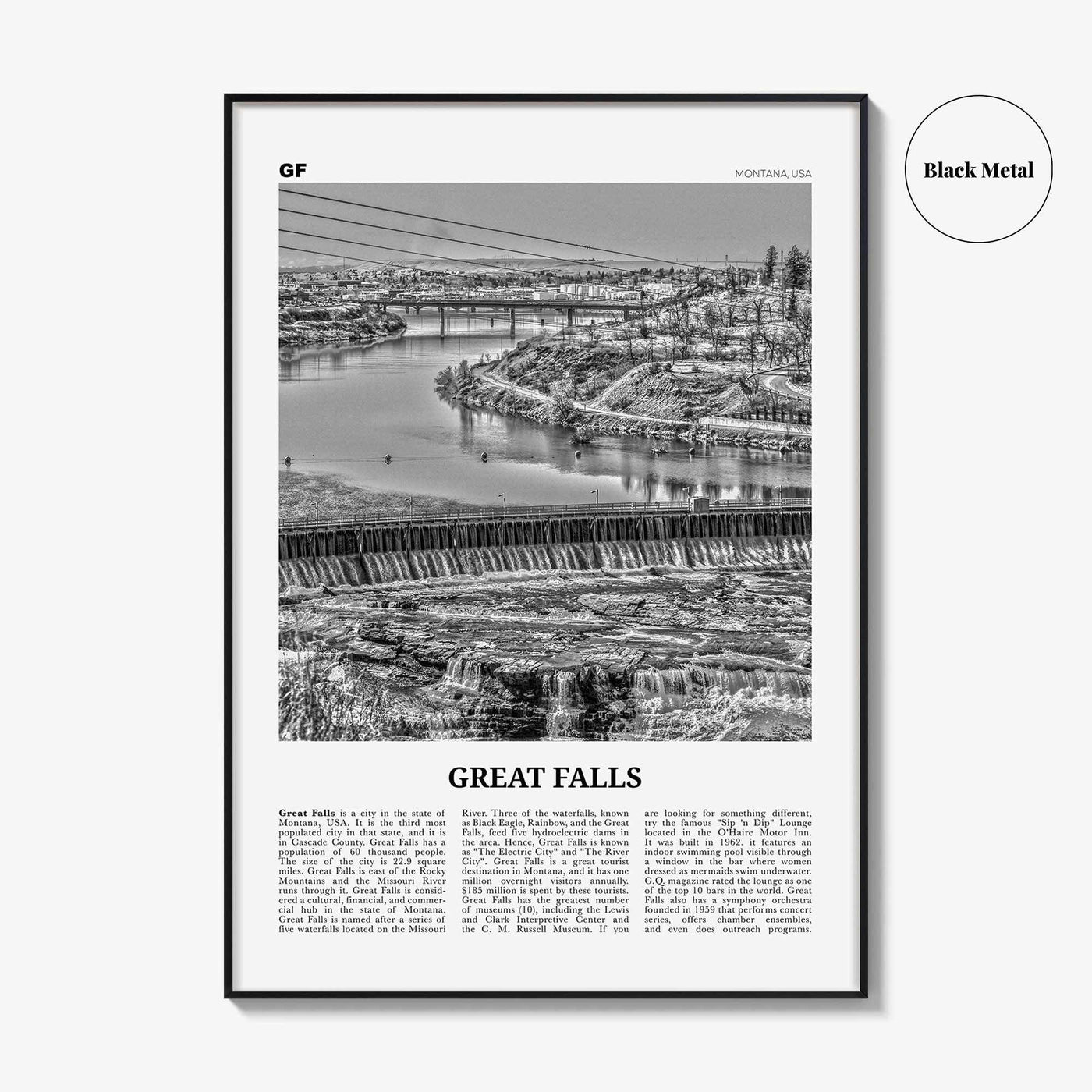 Great Falls Print Black and White Montana, Great Falls Wall Art, Great Falls Poster, Great Falls Photo, Great Falls Map, Montana, USA