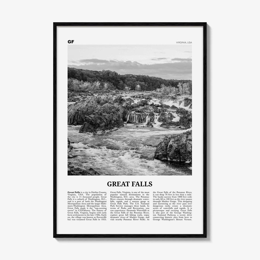 Great Falls Print Black and White Virginia, Great Falls Wall Art, Great Falls Poster, Great Falls Photo, Great Falls Map, Virginia, USA