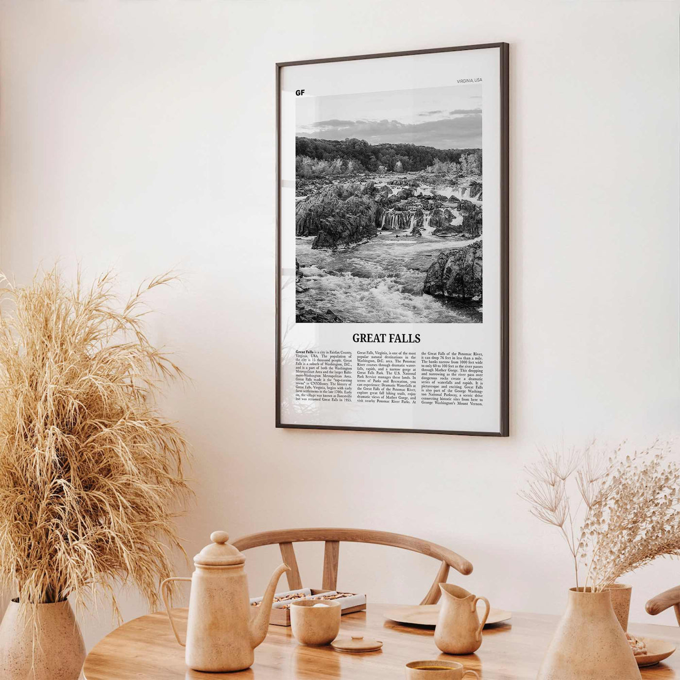 Great Falls Print Black and White Virginia, Great Falls Wall Art, Great Falls Poster, Great Falls Photo, Great Falls Map, Virginia, USA