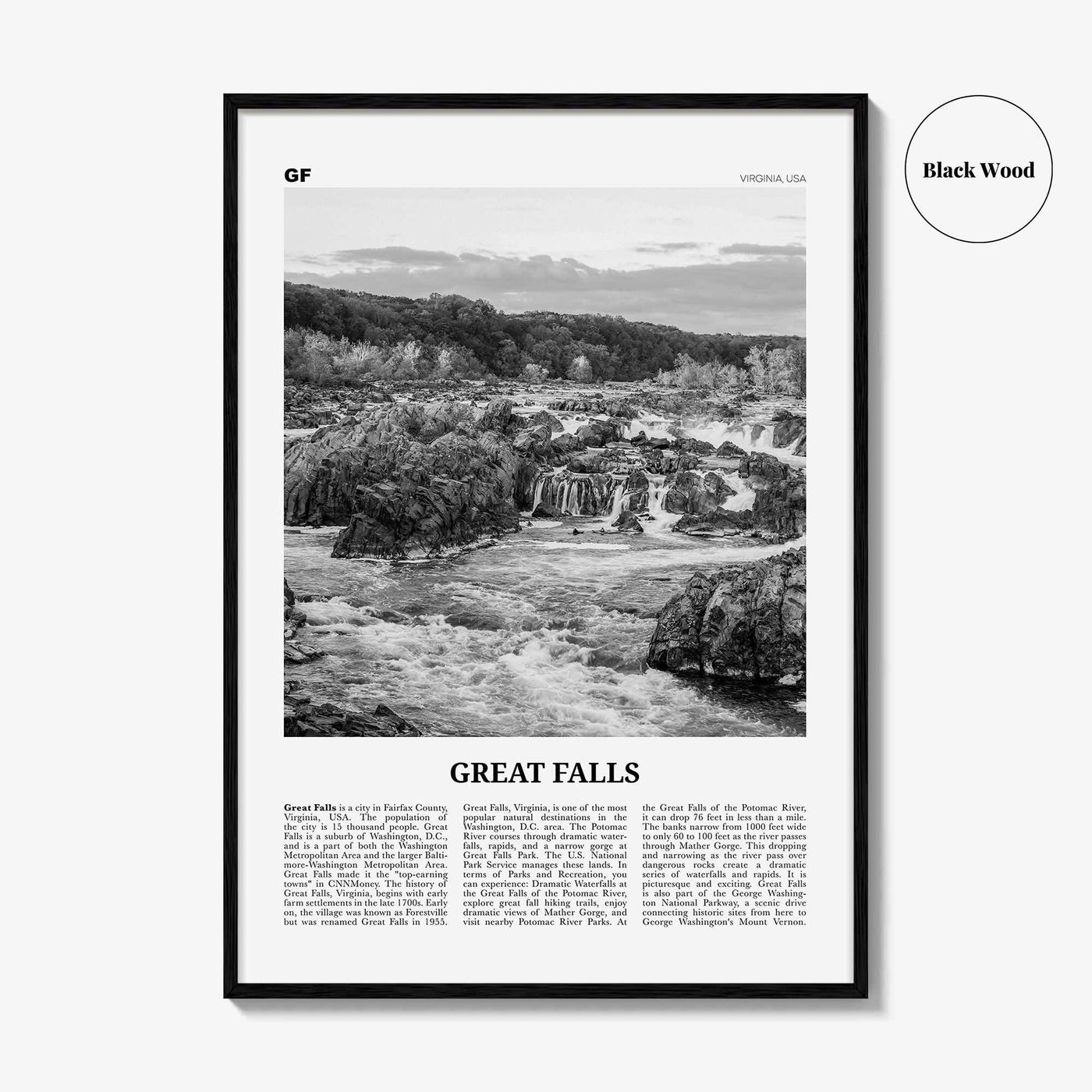 Great Falls Print Black and White Virginia, Great Falls Wall Art, Great Falls Poster, Great Falls Photo, Great Falls Map, Virginia, USA