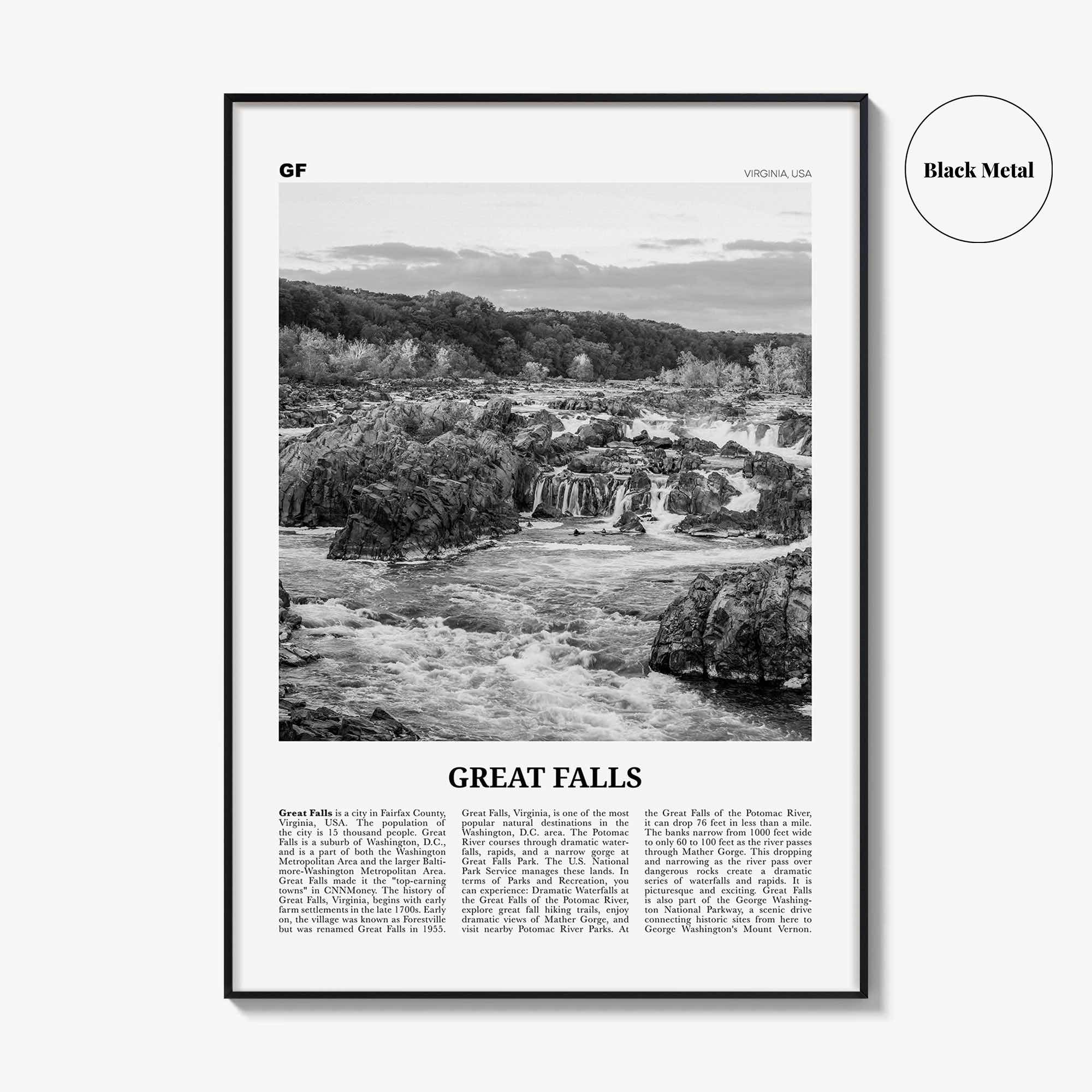 Great Falls Print Black and White Virginia, Great Falls Wall Art, Great Falls Poster, Great Falls Photo, Great Falls Map, Virginia, USA