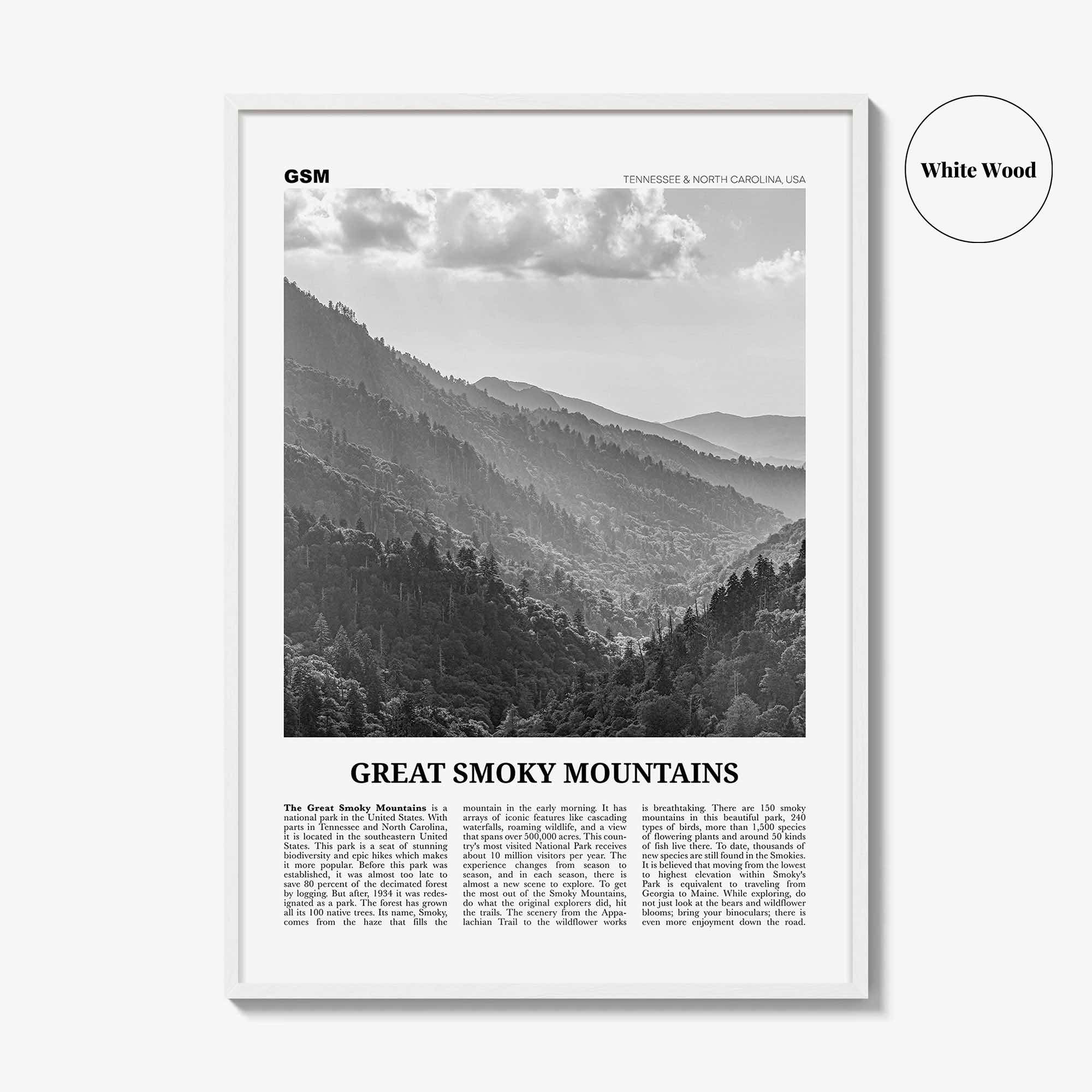 Great Smoky Mountains National Park Print Black and White, Great Smoky Mountains Wall Art, Great Smoky Mountains Poster, USA