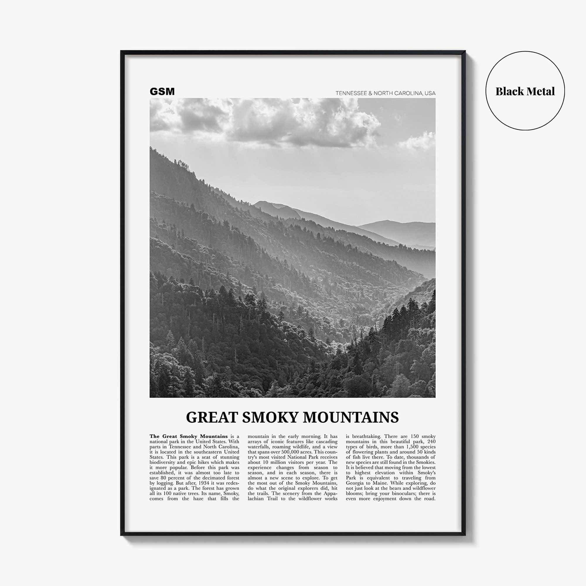 Great Smoky Mountains National Park Print Black and White, Great Smoky Mountains Wall Art, Great Smoky Mountains Poster, USA