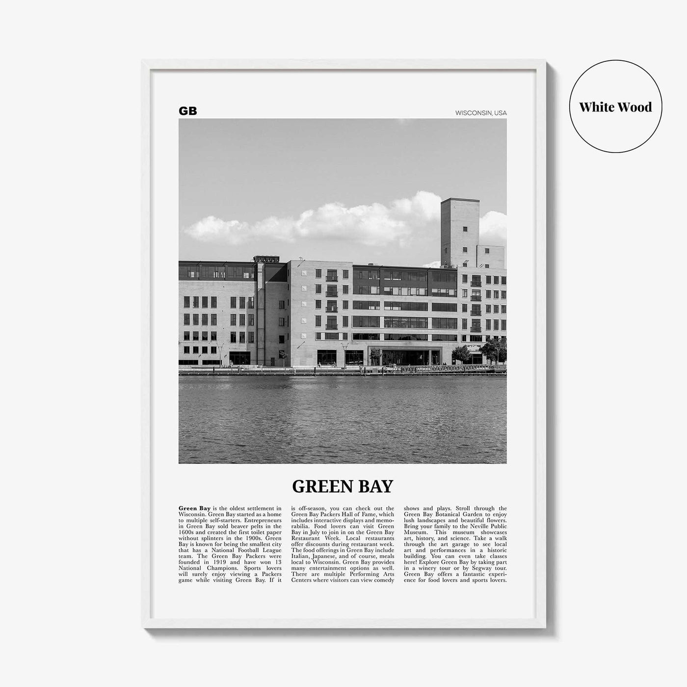 Green Bay Print Black and White, Green Bay Wall Art, Green Bay Poster, Green Bay Photo, Green Bay Wall Décor, Wisconsin, USA, United States