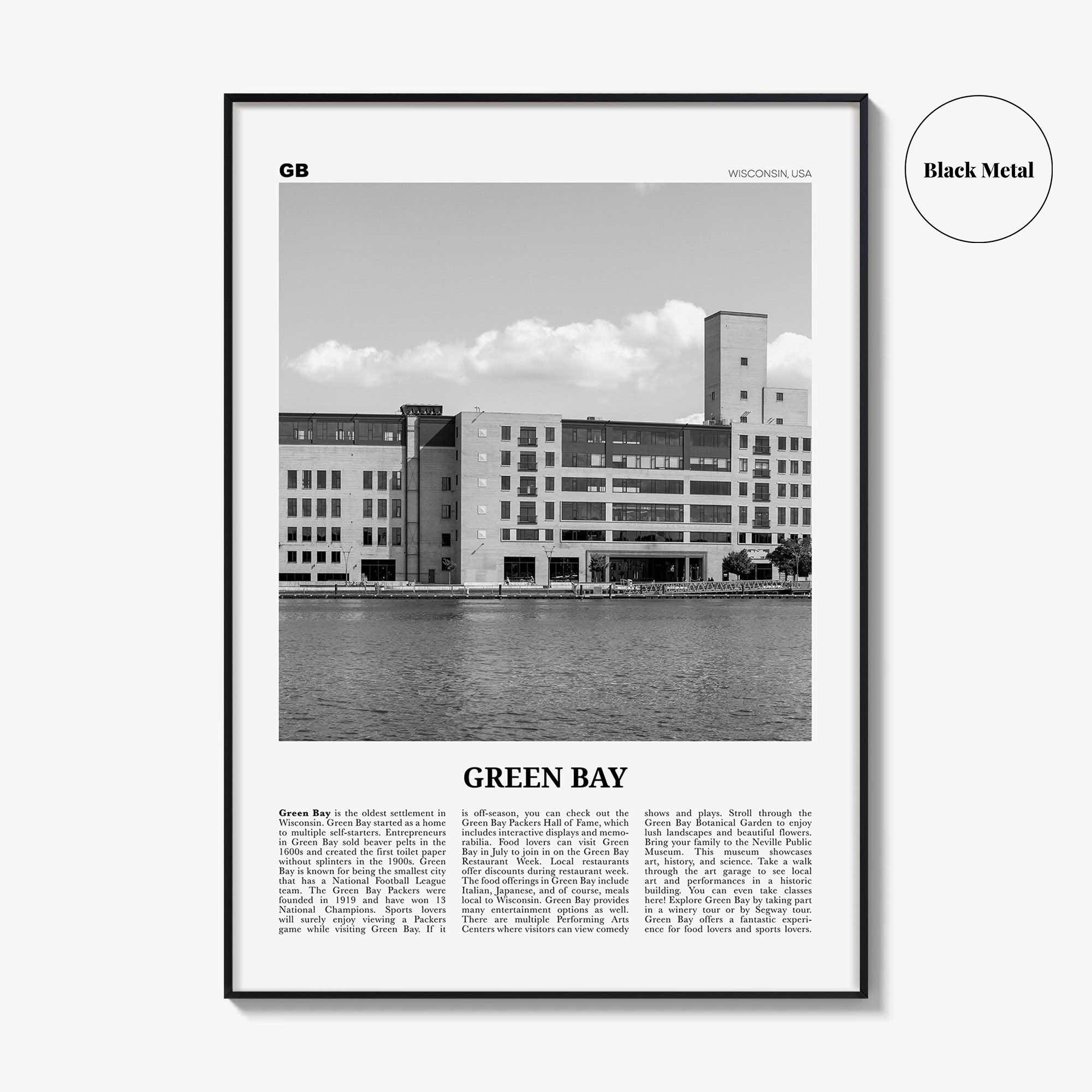 Green Bay Print Black and White, Green Bay Wall Art, Green Bay Poster, Green Bay Photo, Green Bay Wall Décor, Wisconsin, USA, United States