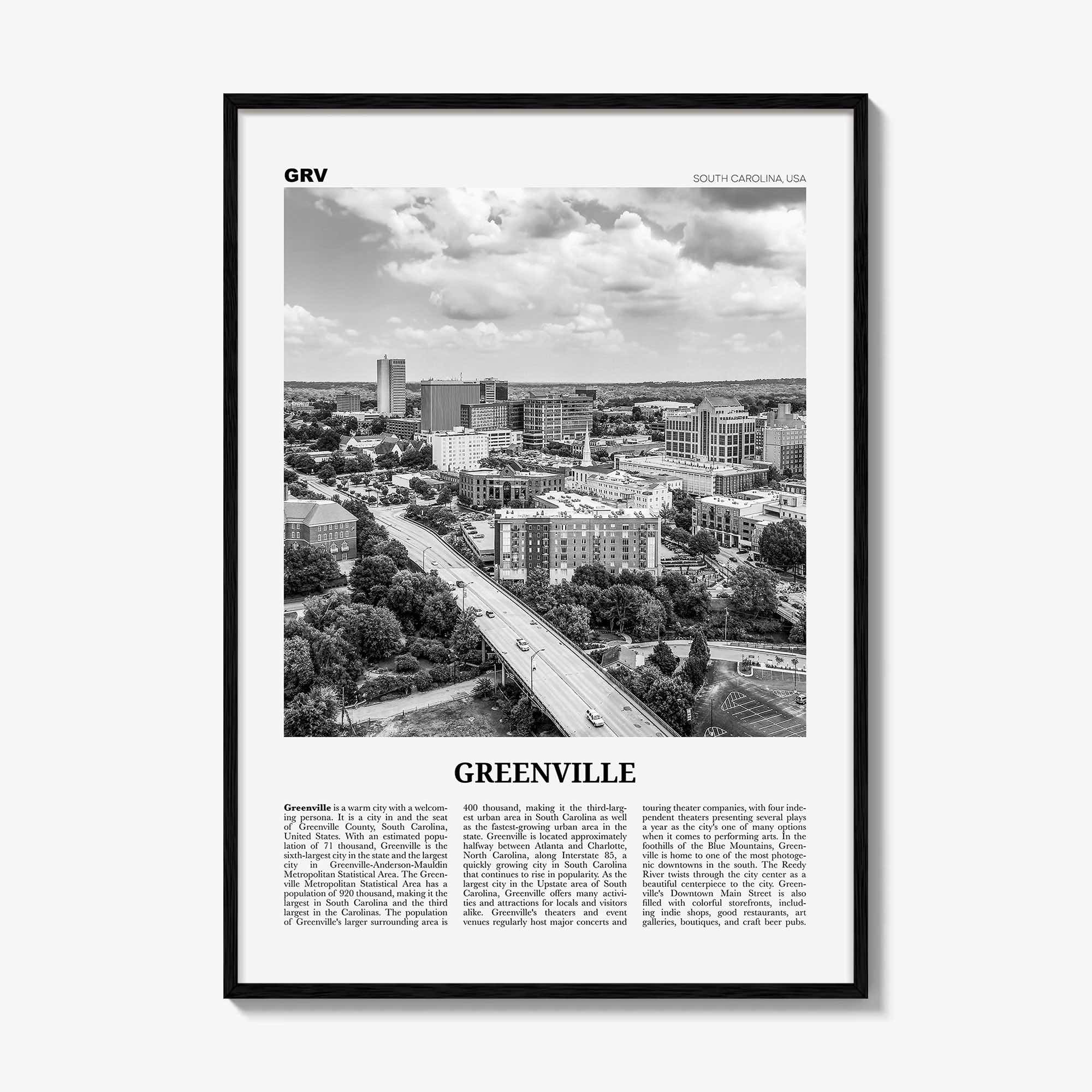Greenville Print Black and White No 1, Greenville Wall Art, Greenville Poster, Greenville Photo, South Carolina USA, United States, America
