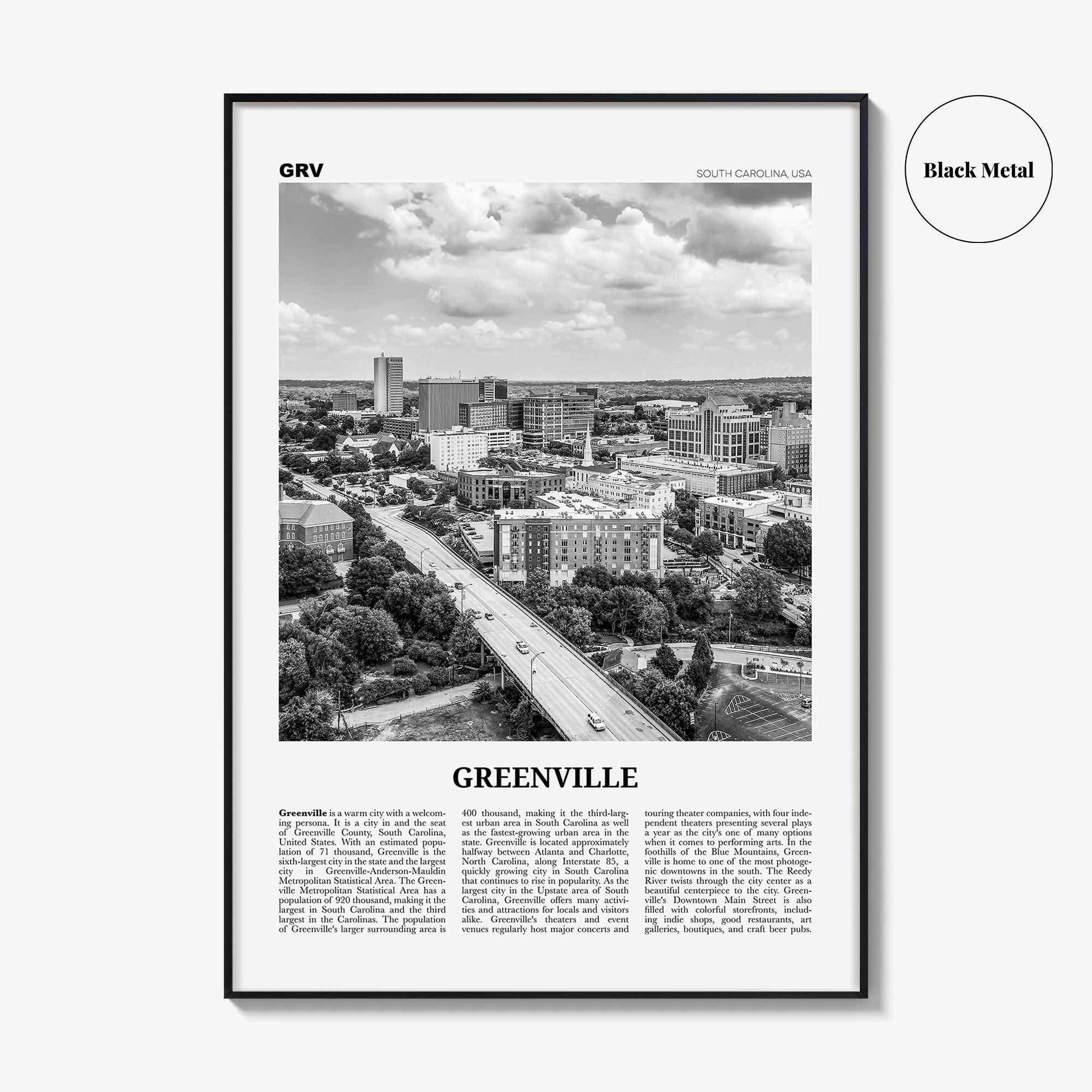 Greenville Print Black and White No 1, Greenville Wall Art, Greenville Poster, Greenville Photo, South Carolina USA, United States, America