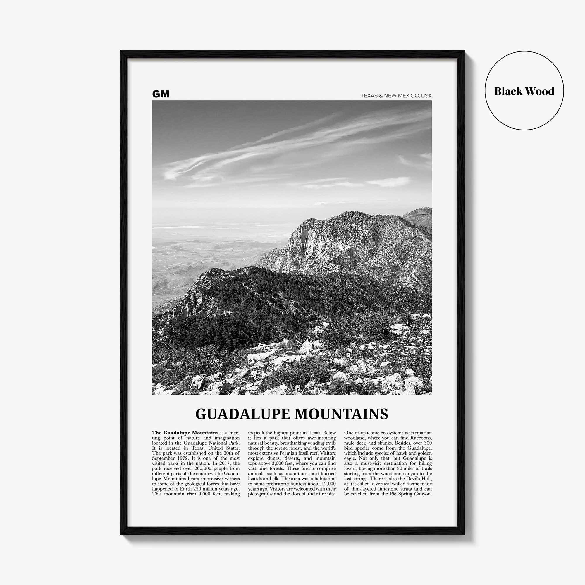 Guadalupe Mountains Print Black and White, Guadalupe Mountains Wall Art, Guadalupe Mountains National Park Poster, Texas, USA