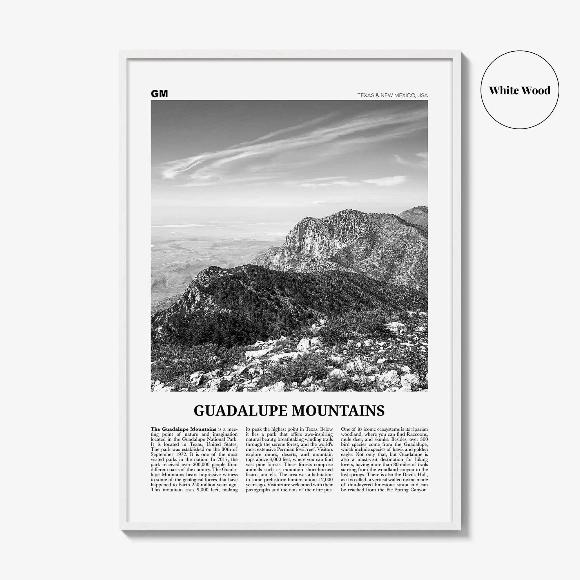 Guadalupe Mountains Print Black and White, Guadalupe Mountains Wall Art, Guadalupe Mountains National Park Poster, Texas, USA