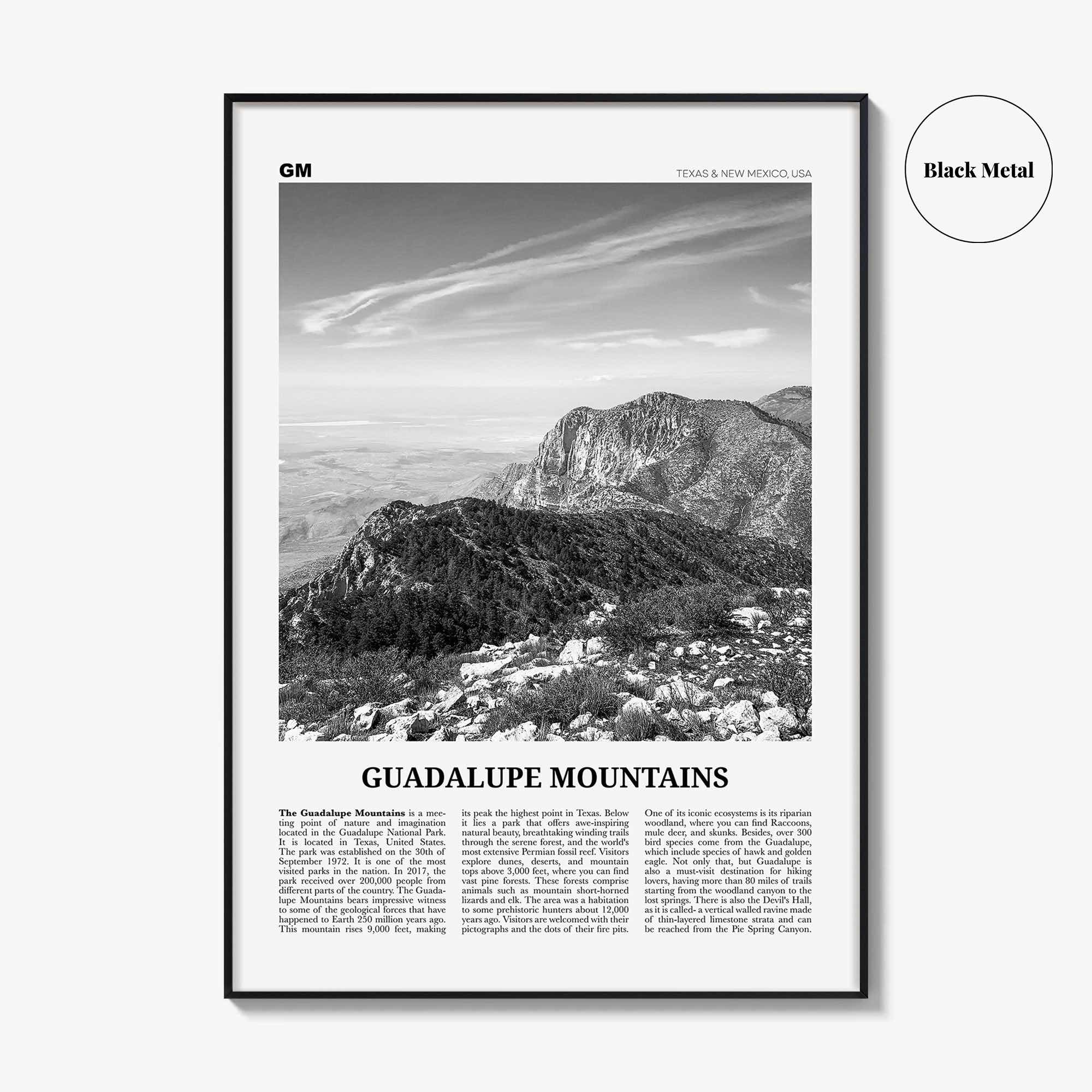 Guadalupe Mountains Print Black and White, Guadalupe Mountains Wall Art, Guadalupe Mountains National Park Poster, Texas, USA