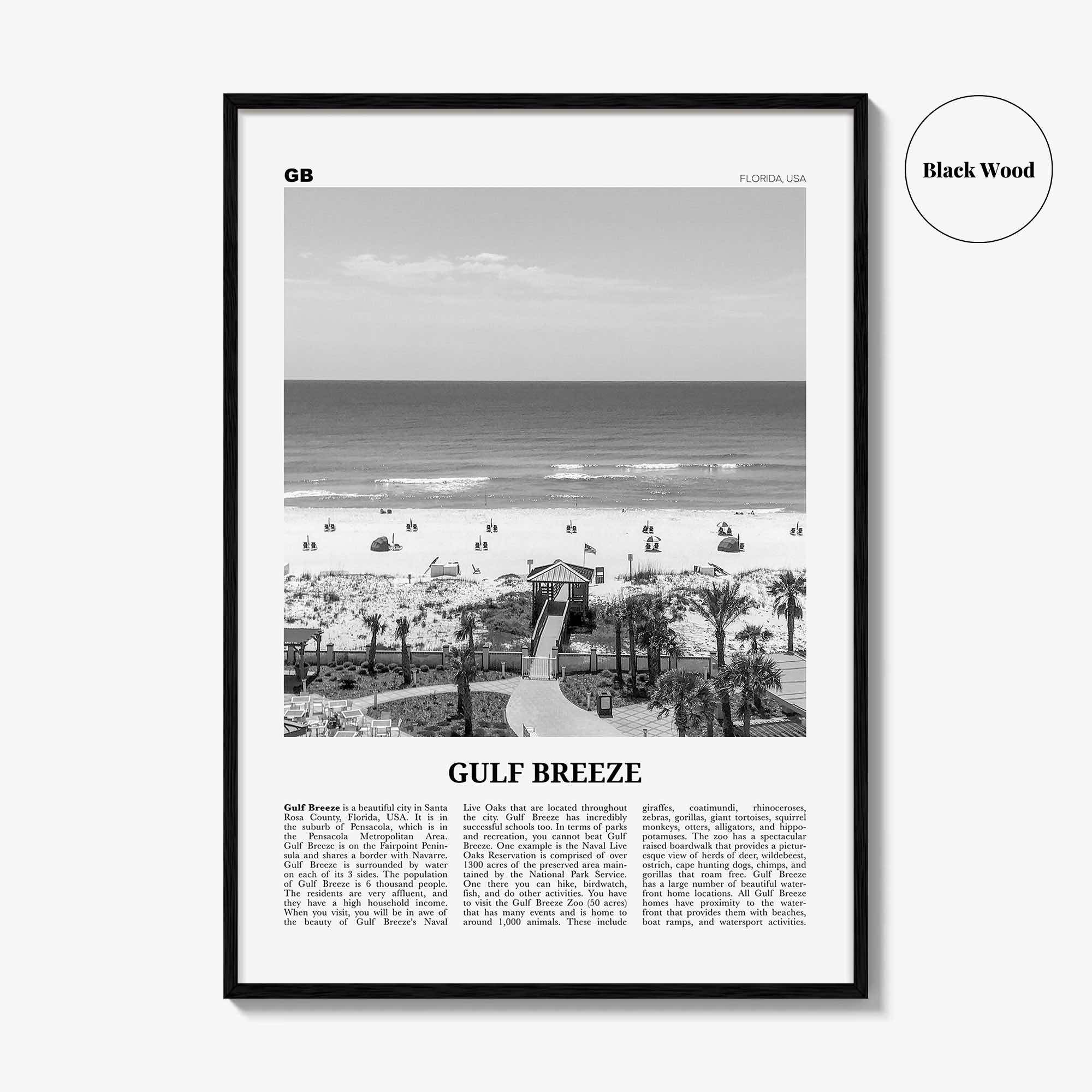 Gulf Breeze Print Black and White, Gulf Breeze Wall Art, Gulf Breeze Poster, Gulf Breeze Photo, Gulf Breeze Map, Gulf Breeze Decor, Florida