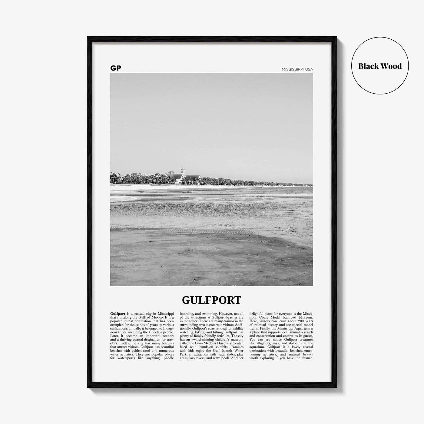 Gulfport Print Black and White, Gulfport Wall Art, Gulfport Poster, Gulfport Photo, Gulfport Wall Décor, Gulfport Map, Mississippi, USA