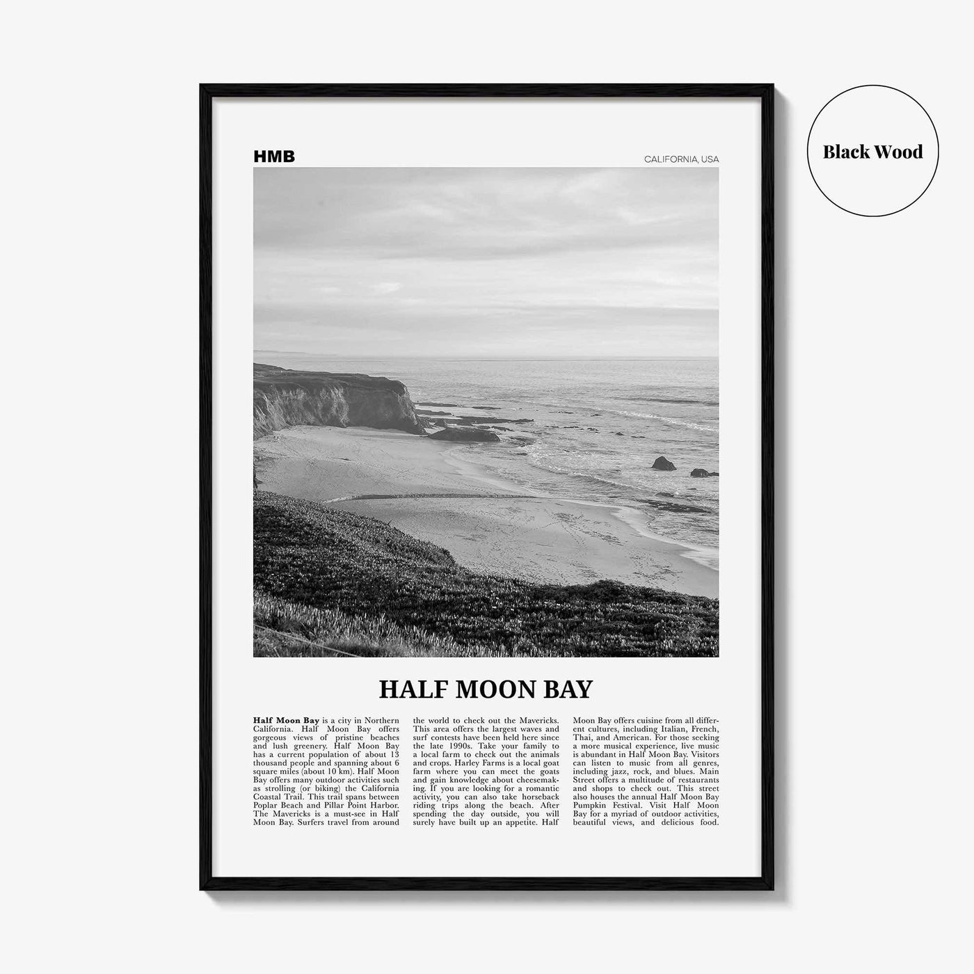 Half Moon Bay Print Black and White, Half Moon Bay Wall Art, Half Moon Bay Poster, Half Moon Bay Photo, California, USA, United States