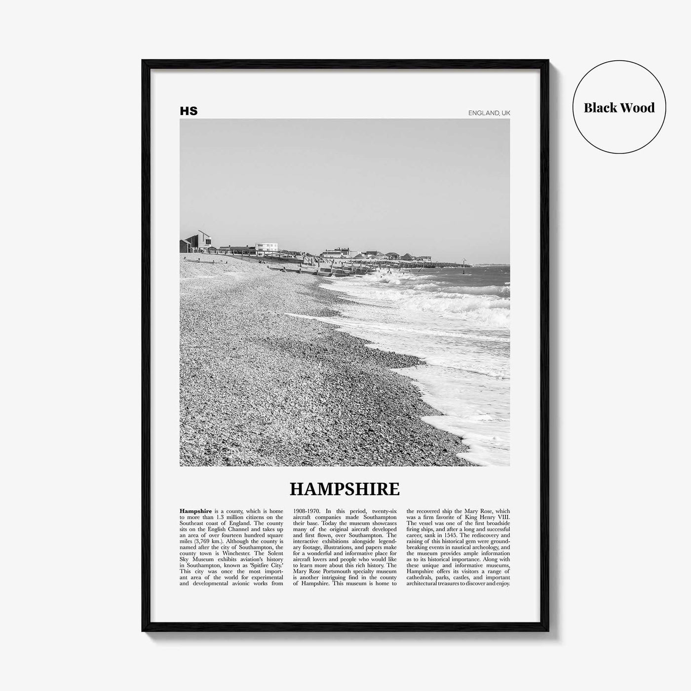 Hampshire Print Black and White, Hampshire Wall Art, Hampshire Poster, Hampshire Photo, Hampshire Map, England, UK, United Kingdom