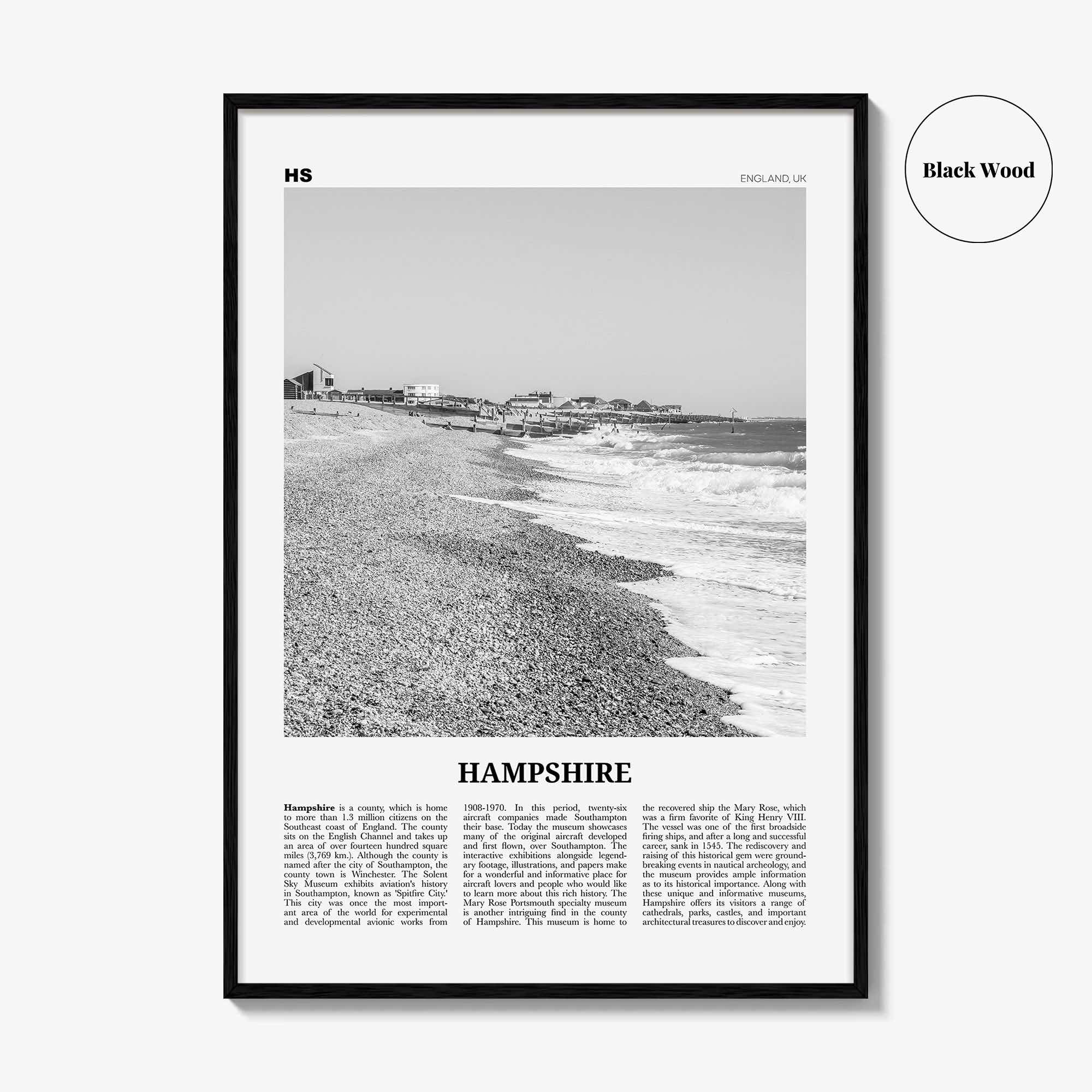 Hampshire Print Black and White, Hampshire Wall Art, Hampshire Poster, Hampshire Photo, Hampshire Map, England, UK, United Kingdom