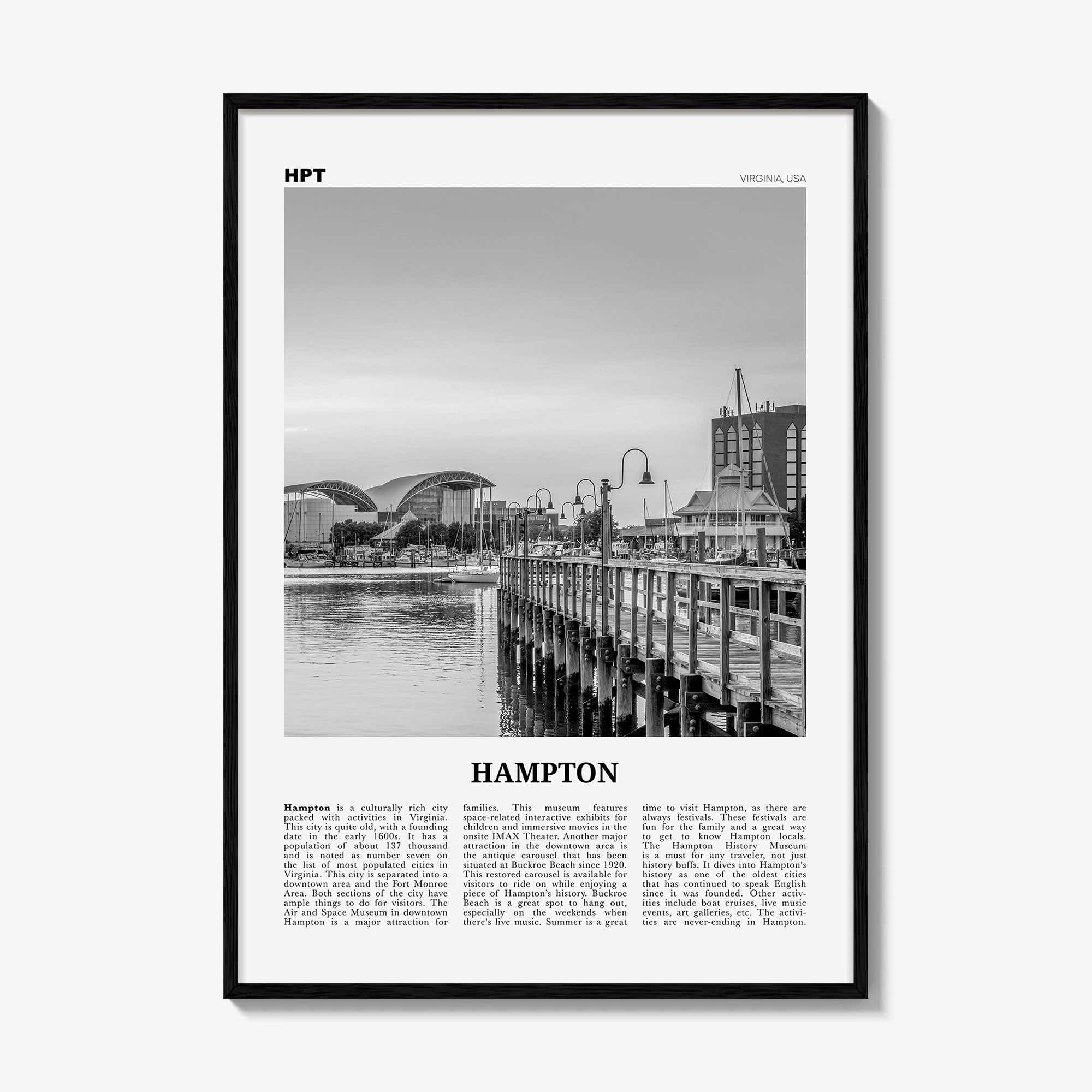 Hampton Print Black and White, Hampton Wall Art, Hampton Poster, Hampton Photo, Hampton Wall Décor, Hampton Map, Virginia, USA