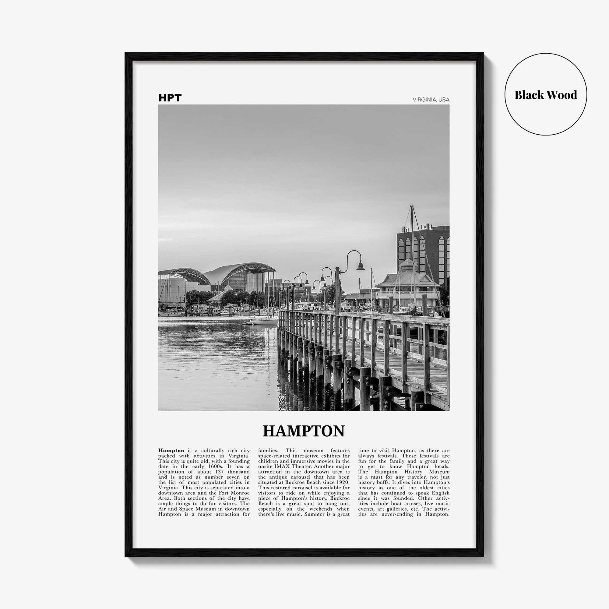 Hampton Print Black and White, Hampton Wall Art, Hampton Poster, Hampton Photo, Hampton Wall Décor, Hampton Map, Virginia, USA