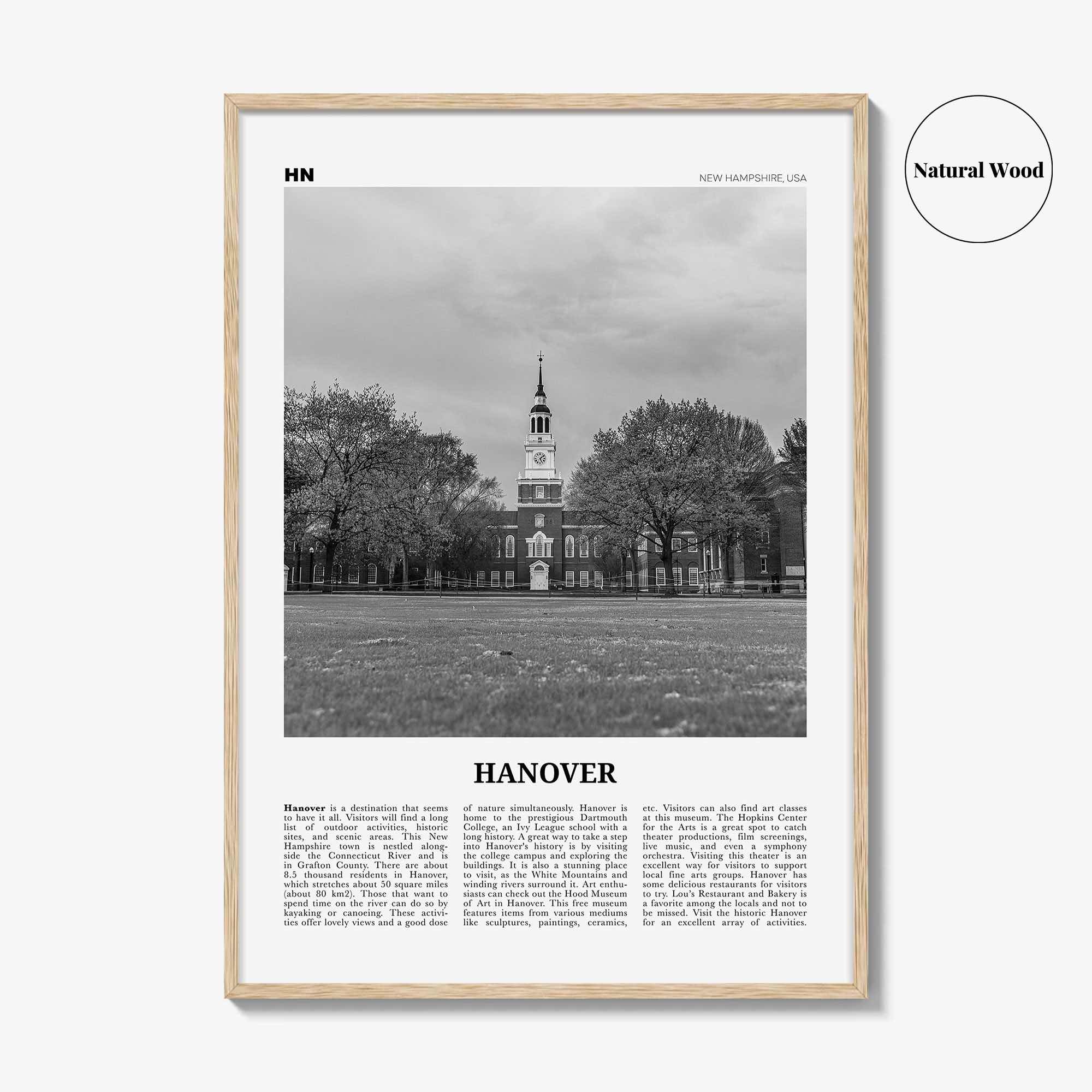 Hanover Print Black and White, Hanover Wall Art, Hanover Poster, Hanover Photo, Hanover Wall Décor, Hanover Map, New Hampshire, USA