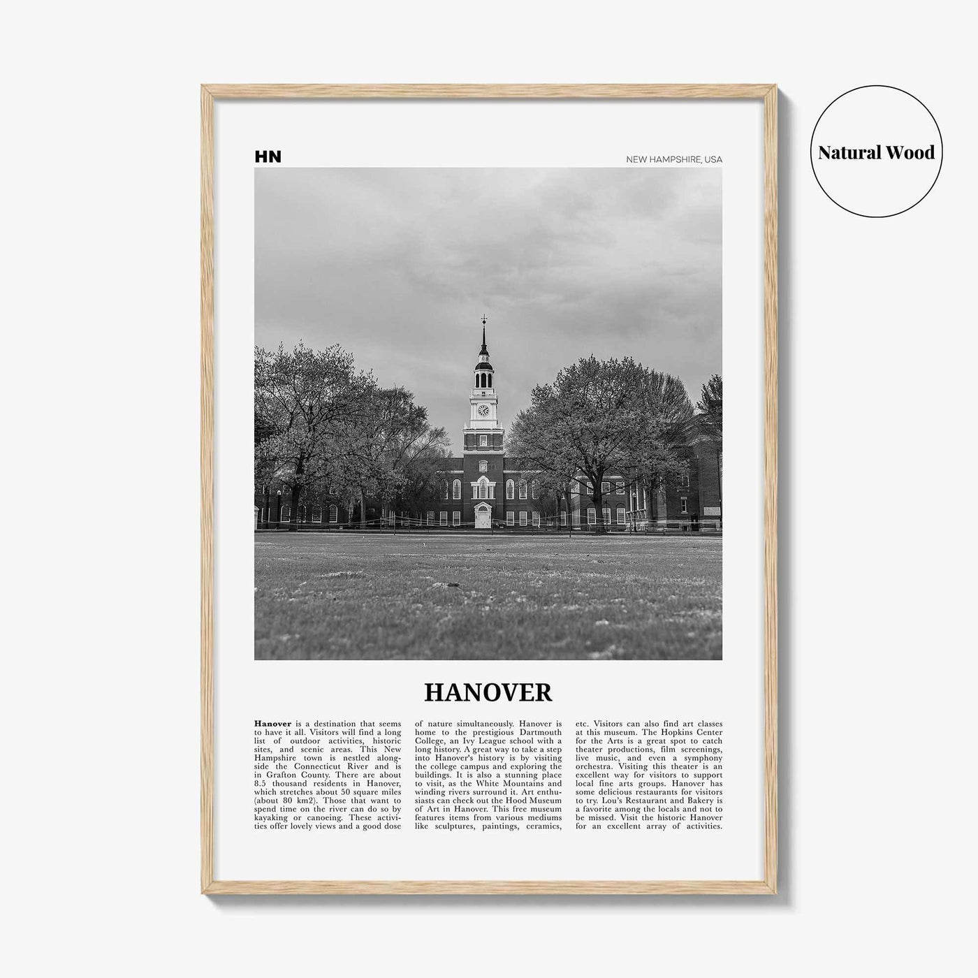 Hanover Print Black and White, Hanover Wall Art, Hanover Poster, Hanover Photo, Hanover Wall Décor, Hanover Map, New Hampshire, USA