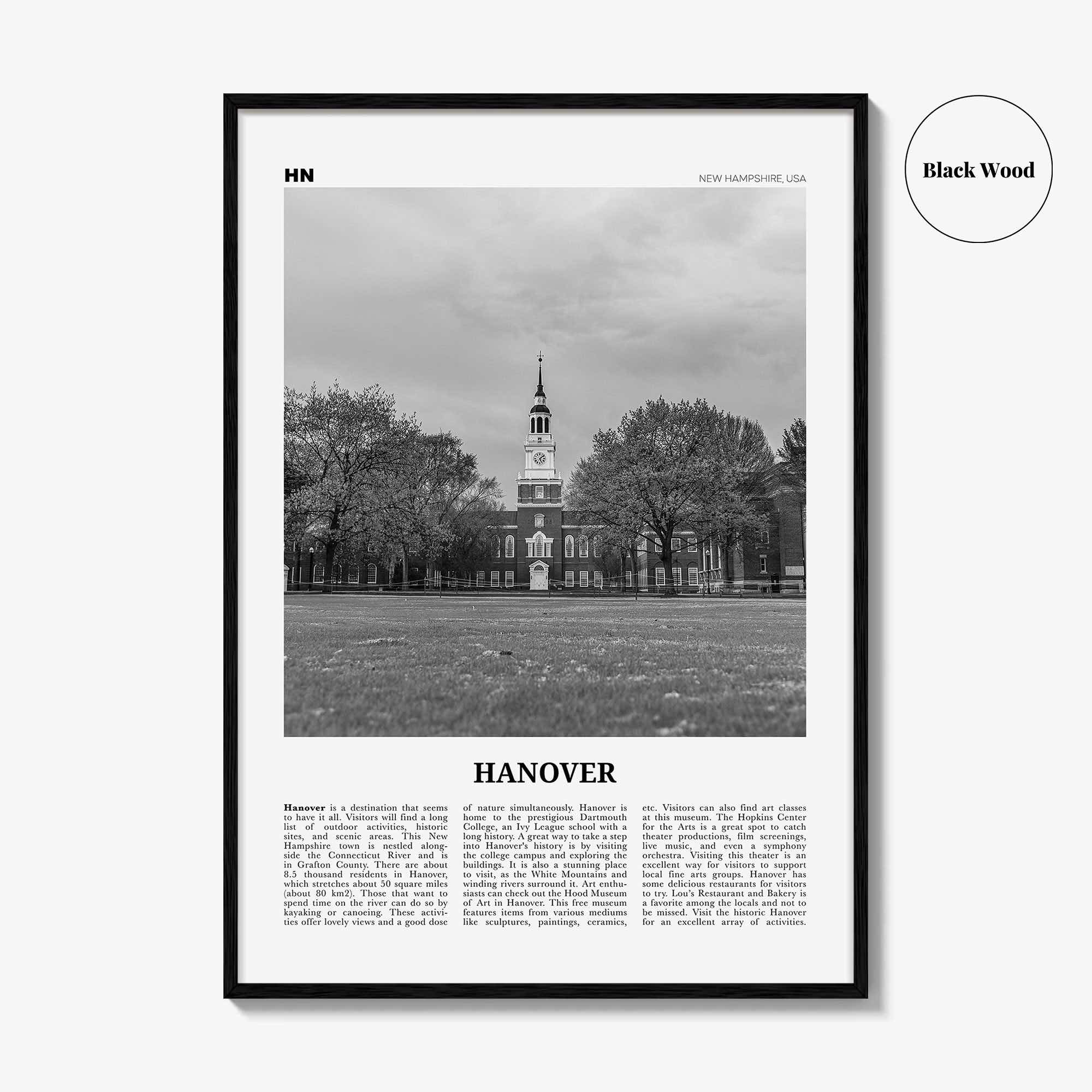 Hanover Print Black and White, Hanover Wall Art, Hanover Poster, Hanover Photo, Hanover Wall Décor, Hanover Map, New Hampshire, USA