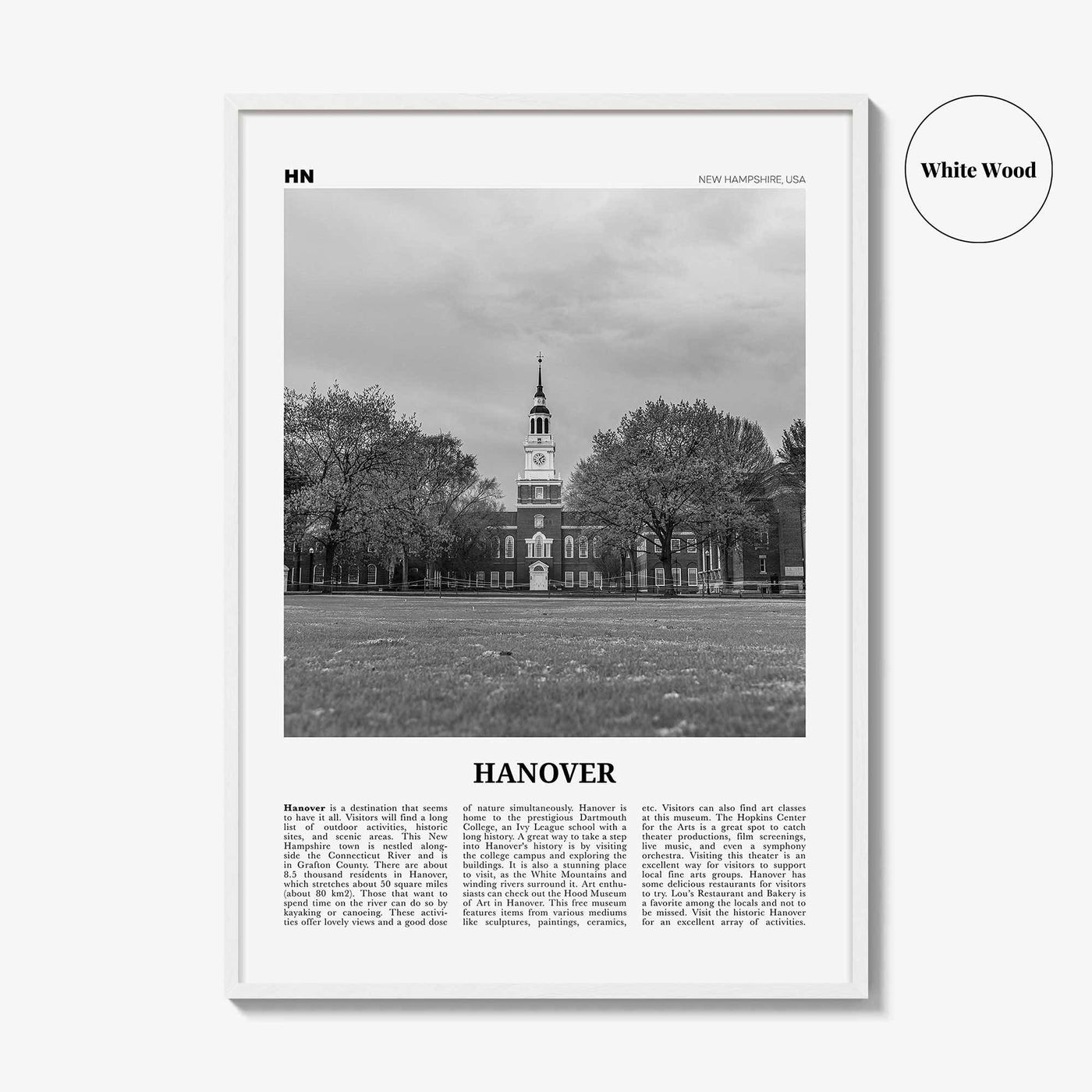 Hanover Print Black and White, Hanover Wall Art, Hanover Poster, Hanover Photo, Hanover Wall Décor, Hanover Map, New Hampshire, USA