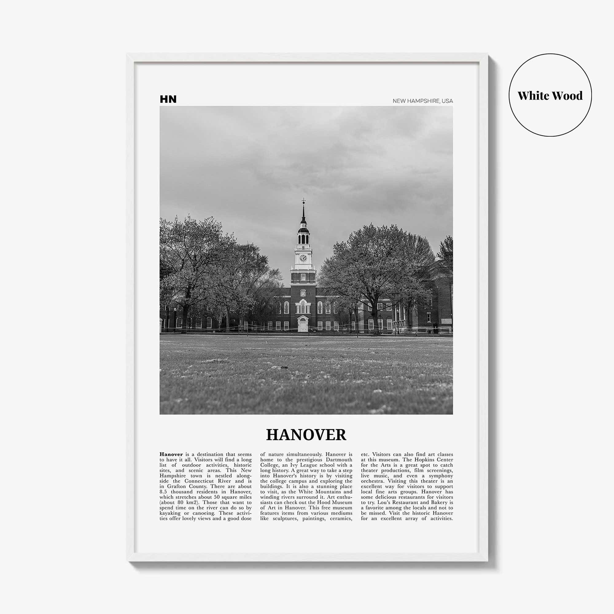 Hanover Print Black and White, Hanover Wall Art, Hanover Poster, Hanover Photo, Hanover Wall Décor, Hanover Map, New Hampshire, USA