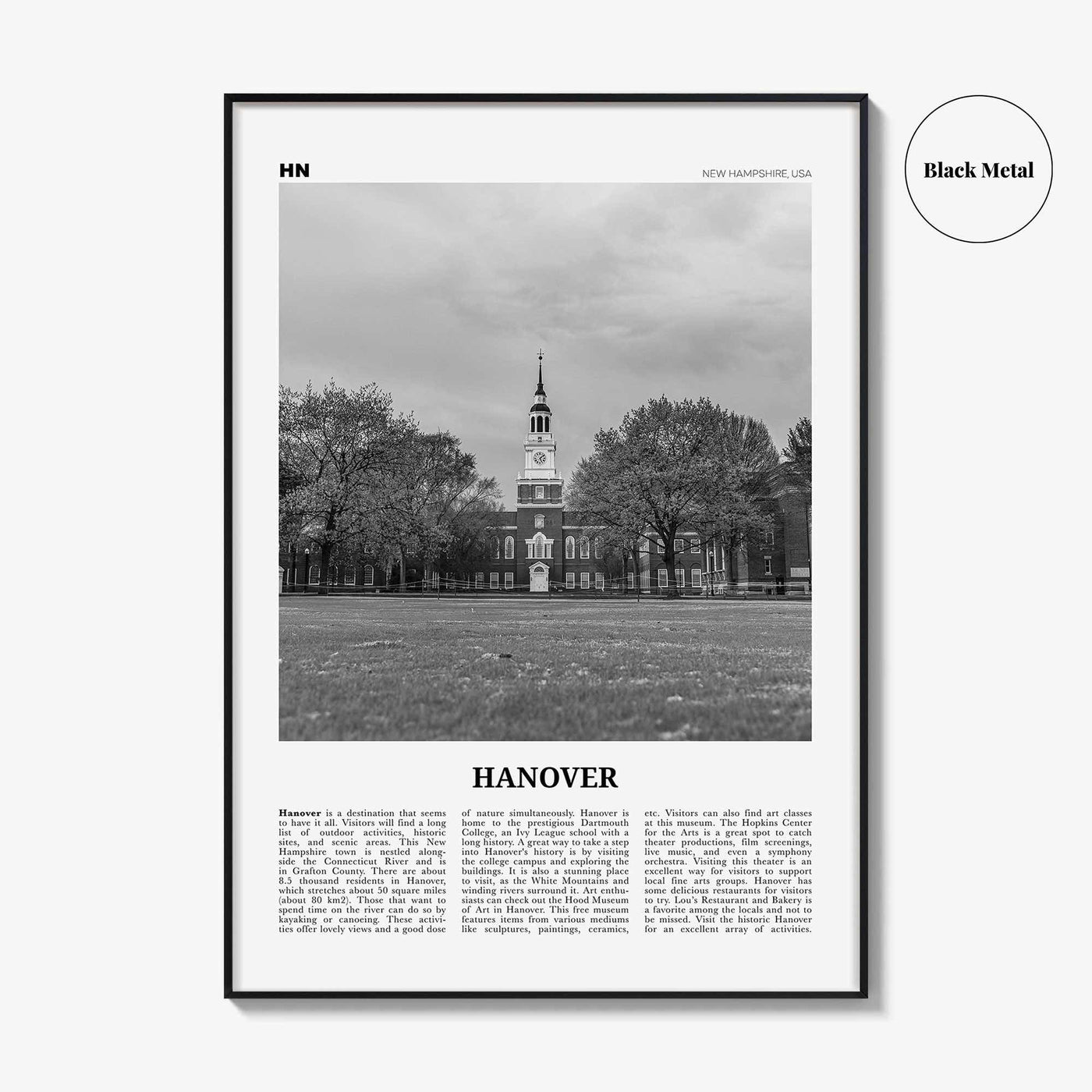 Hanover Print Black and White, Hanover Wall Art, Hanover Poster, Hanover Photo, Hanover Wall Décor, Hanover Map, New Hampshire, USA