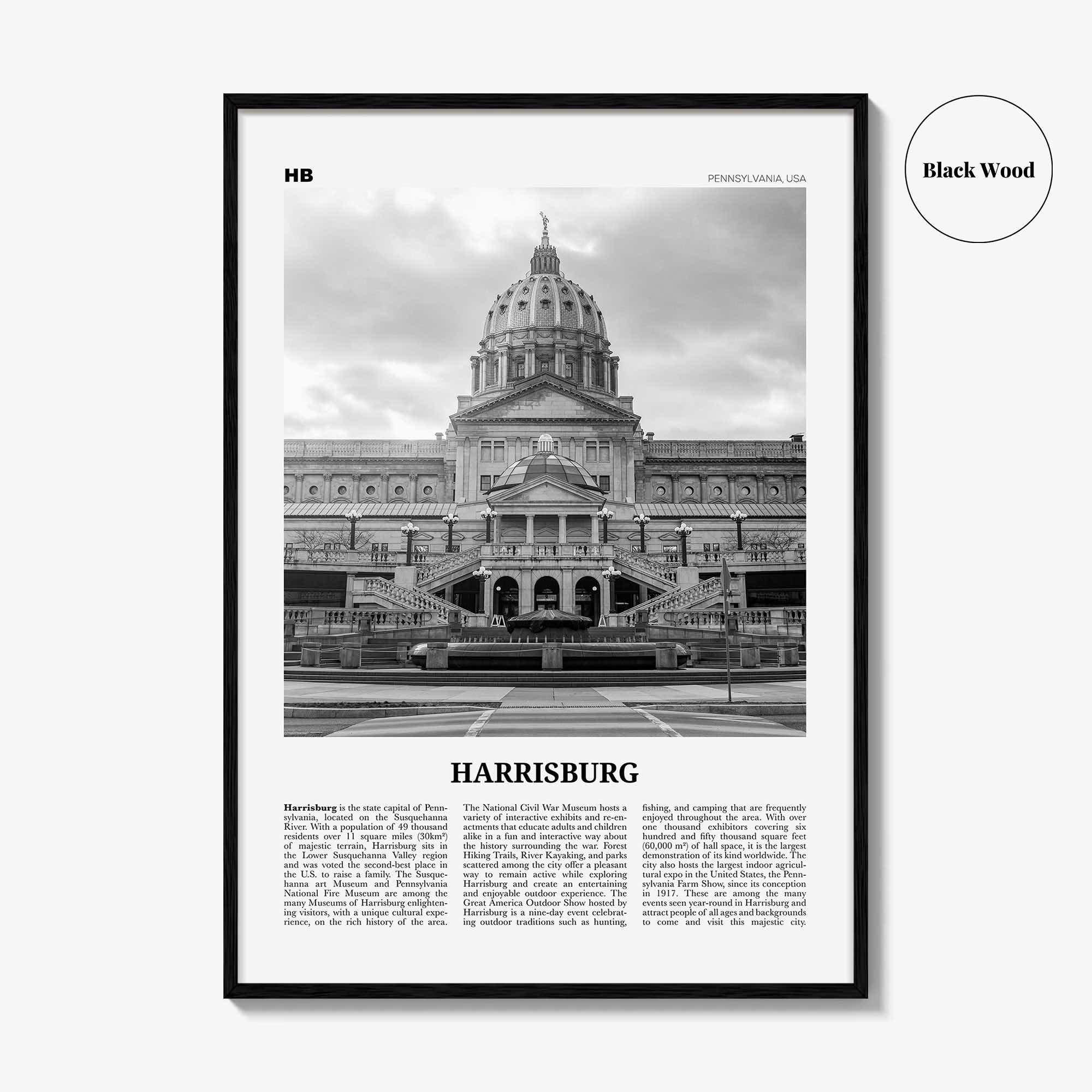 Harrisburg Print Black and White, Harrisburg Wall Art, Harrisburg Poster, Harrisburg Photo, Harrisburg Map, Pennsylvania, USA, United States
