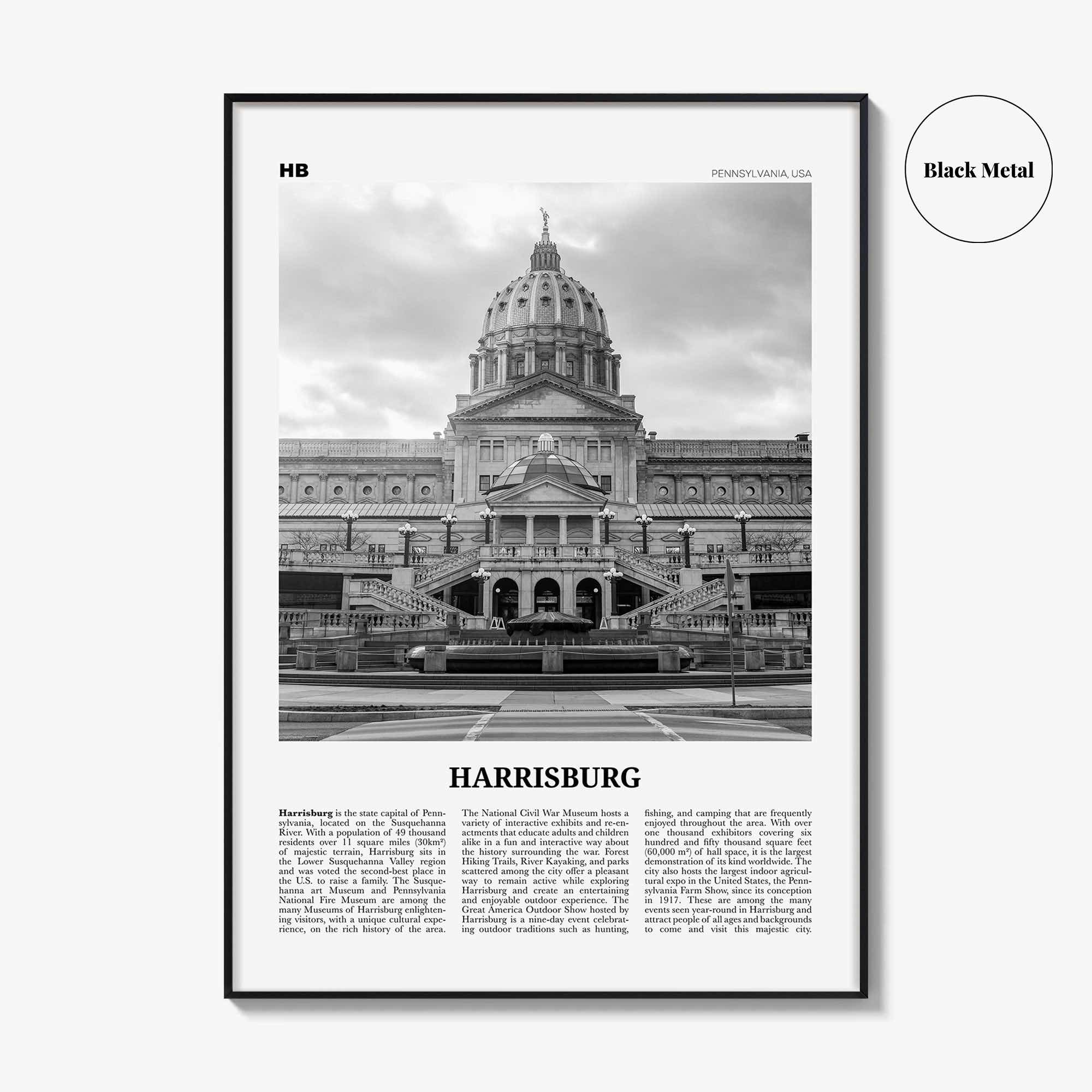 Harrisburg Print Black and White, Harrisburg Wall Art, Harrisburg Poster, Harrisburg Photo, Harrisburg Map, Pennsylvania, USA, United States