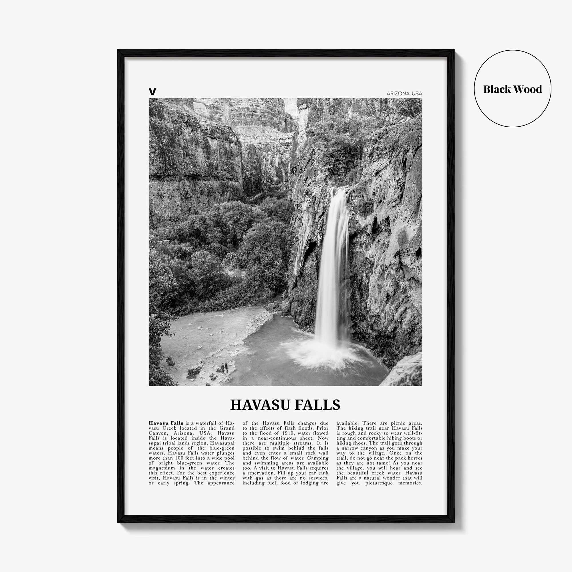 Havasu Falls Print Black and White, Havasu Falls Wall Art, Havasu Falls Poster, Havasu Falls Photo, Havasu Falls Map, Arizona
