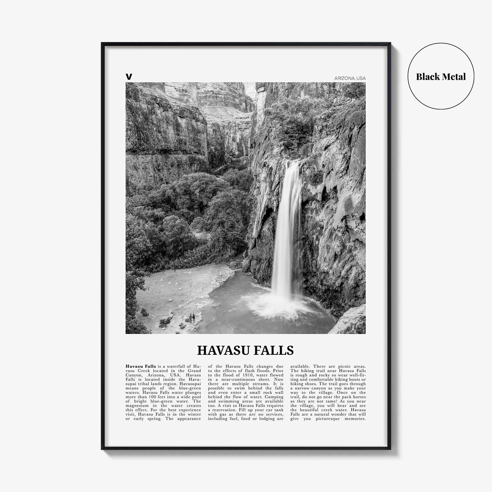 Havasu Falls Print Black and White, Havasu Falls Wall Art, Havasu Falls Poster, Havasu Falls Photo, Havasu Falls Map, Arizona