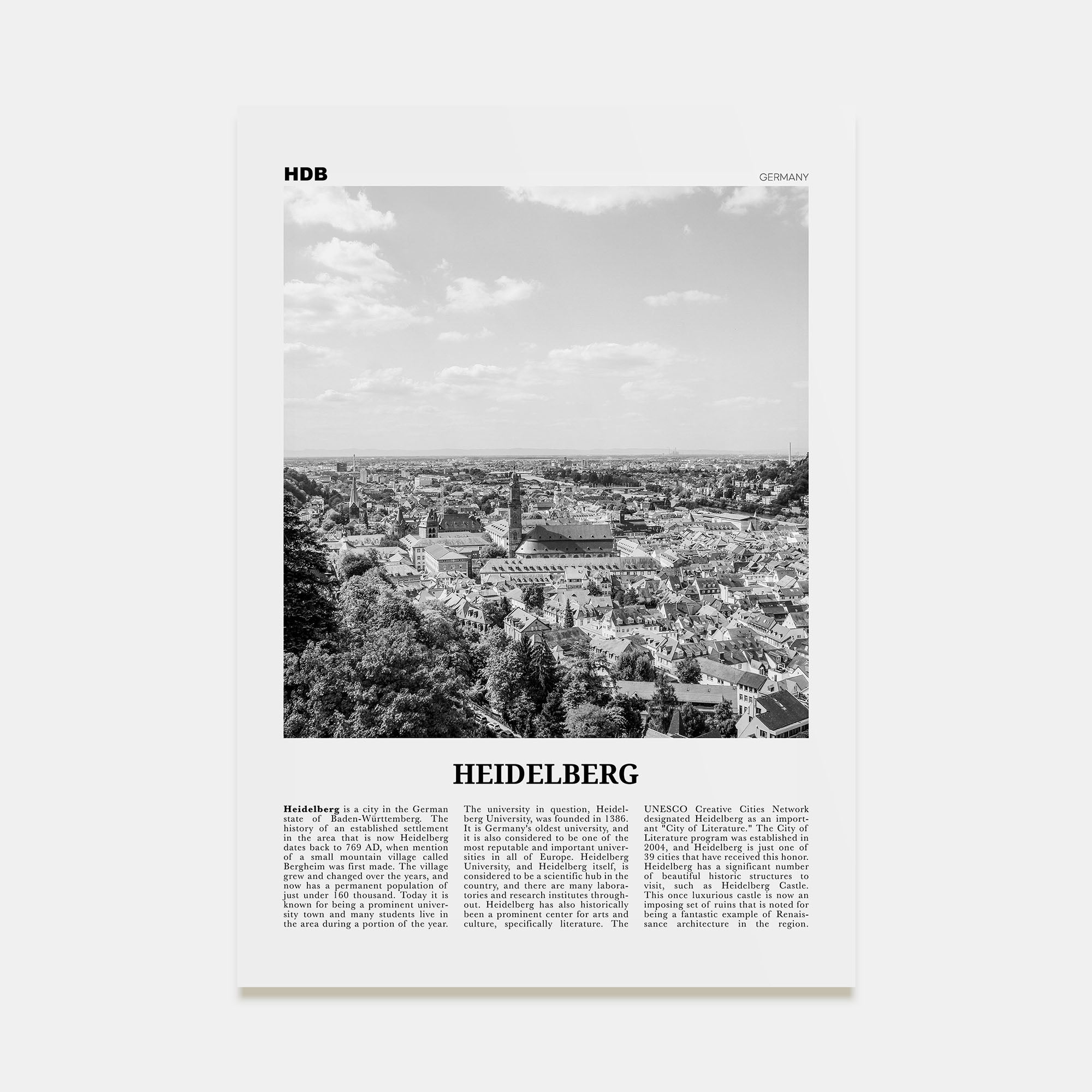 Heidelberg Travel B&W Poster