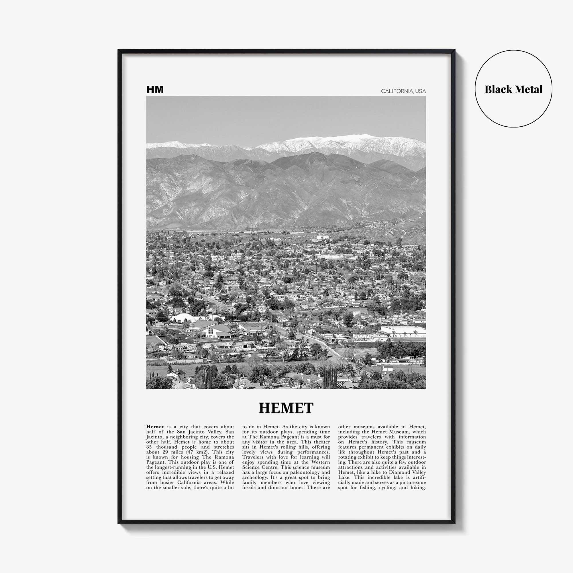 Hemet Print Black and White, Hemet Wall Art, Hemet Poster, Hemet Photo, Hemet Wall Décor, Hemet Map, California, USA