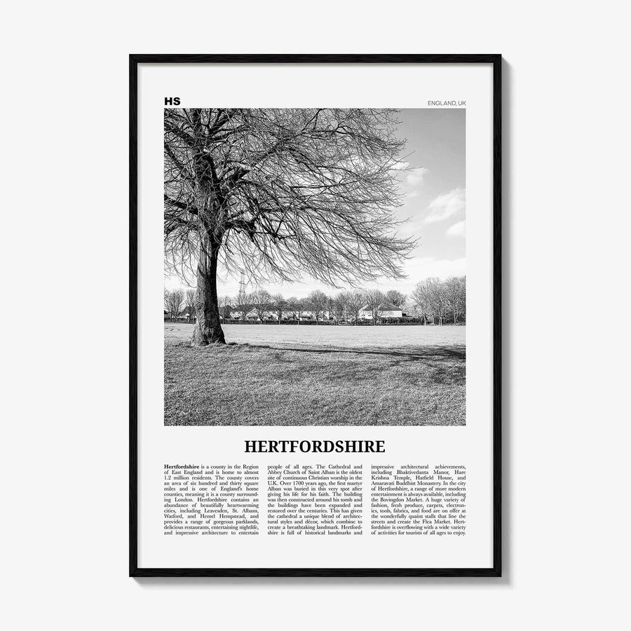 Hertfordshire Print Black and White, Hertfordshire Wall Art, Hertfordshire Poster, Hertfordshire Photo, Hertfordshire Map, England, UK