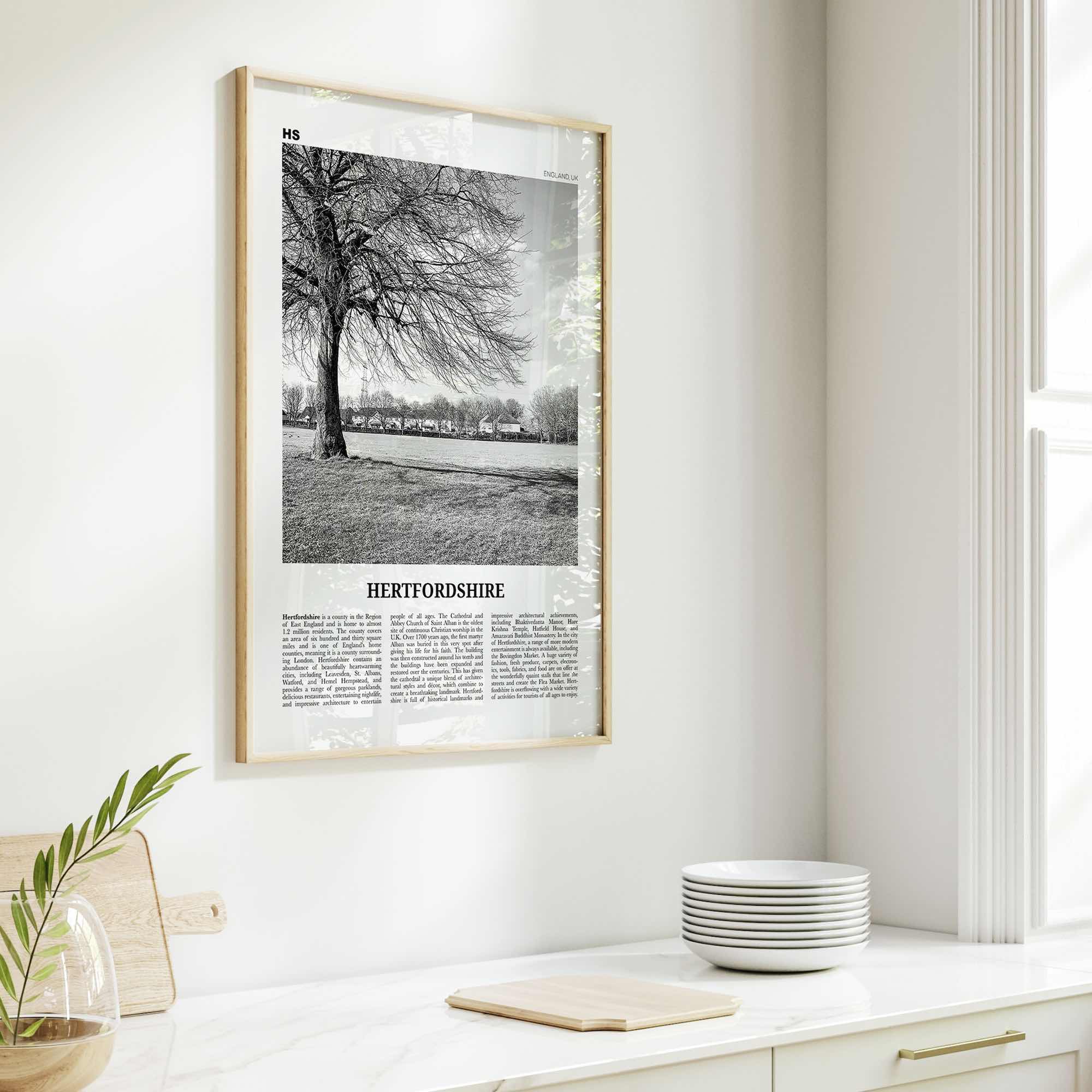 Hertfordshire Print Black and White, Hertfordshire Wall Art, Hertfordshire Poster, Hertfordshire Photo, Hertfordshire Map, England, UK