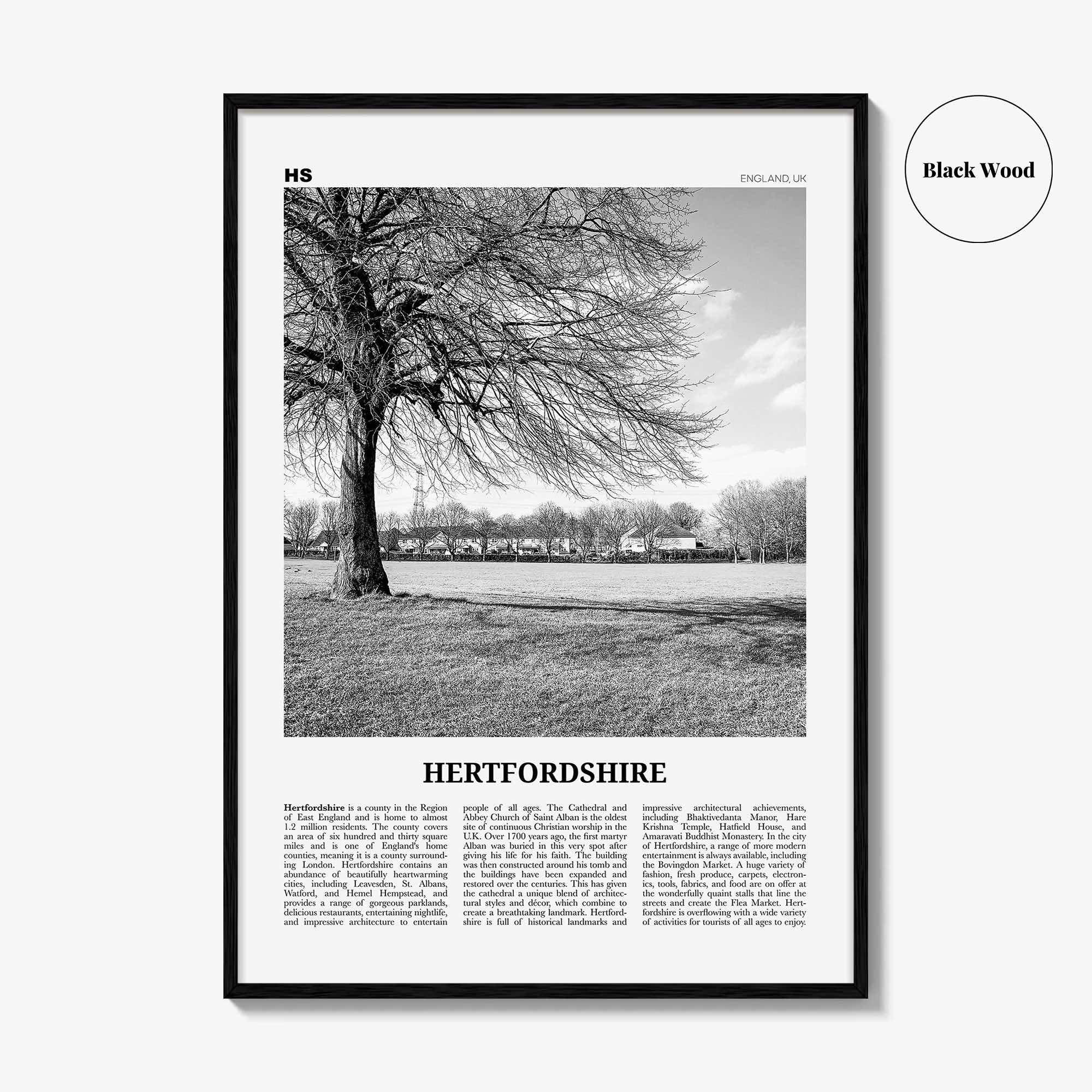 Hertfordshire Print Black and White, Hertfordshire Wall Art, Hertfordshire Poster, Hertfordshire Photo, Hertfordshire Map, England, UK