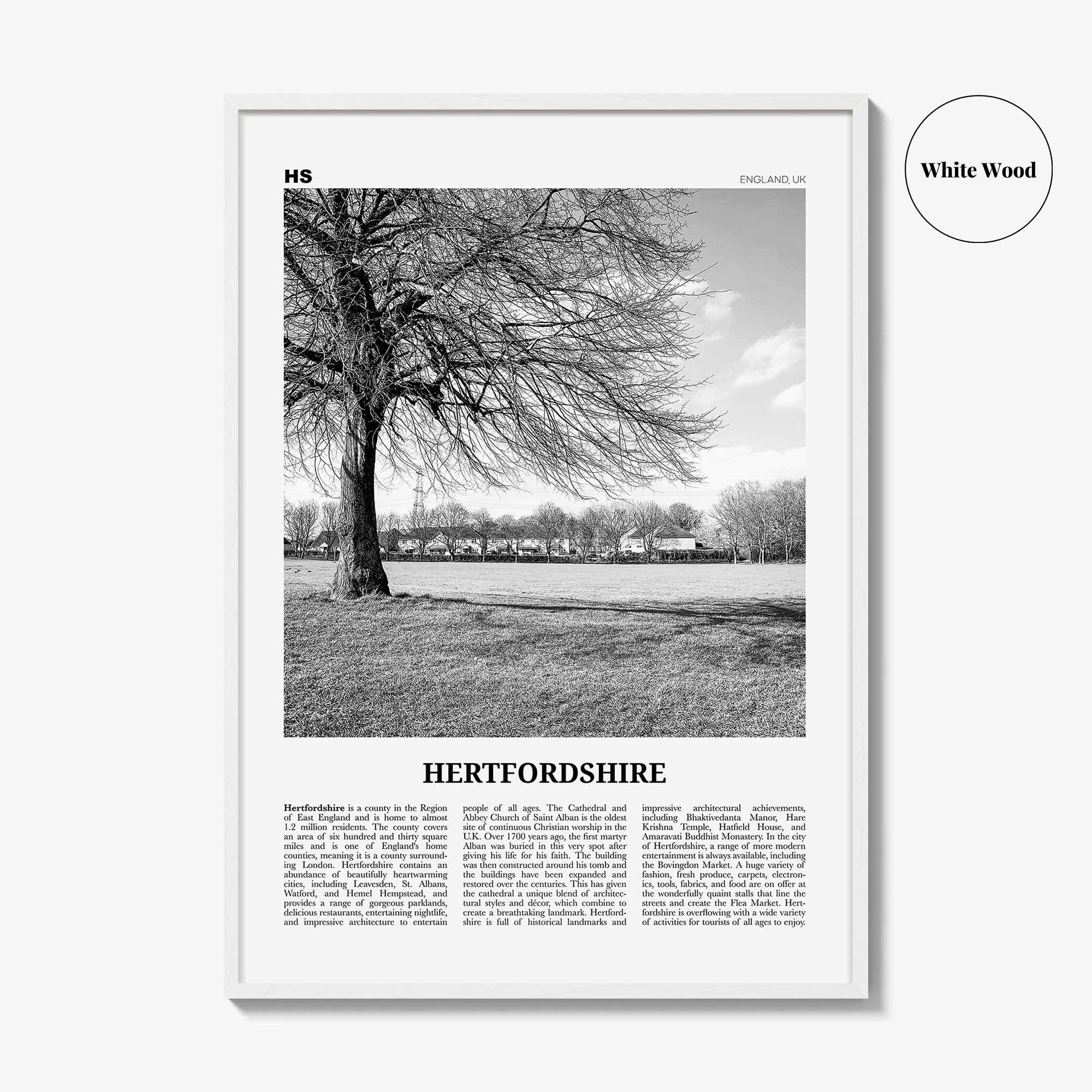 Hertfordshire Print Black and White, Hertfordshire Wall Art, Hertfordshire Poster, Hertfordshire Photo, Hertfordshire Map, England, UK