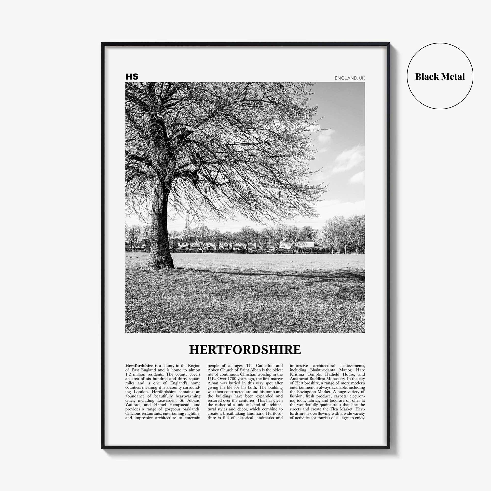 Hertfordshire Print Black and White, Hertfordshire Wall Art, Hertfordshire Poster, Hertfordshire Photo, Hertfordshire Map, England, UK