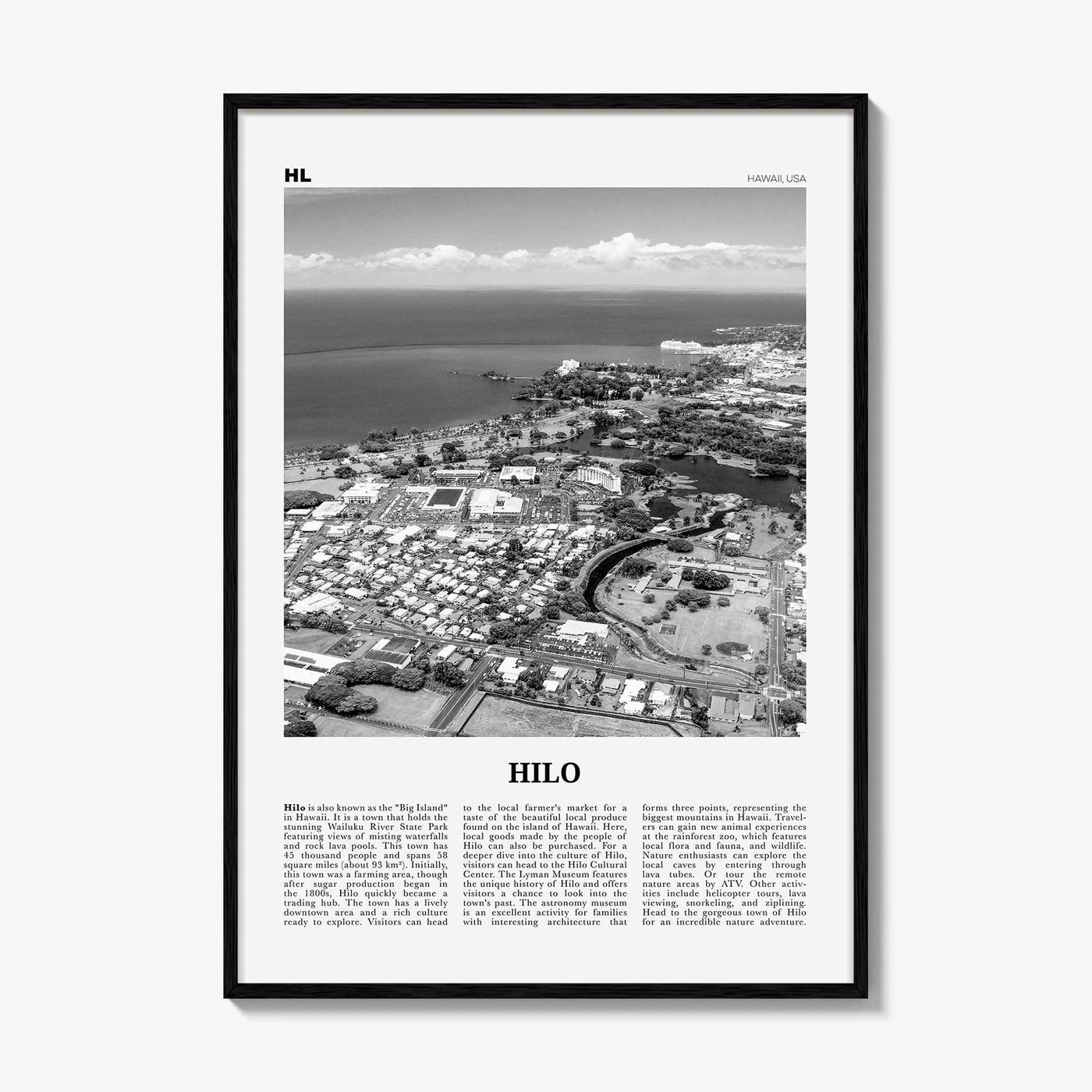 Hilo Print Black and White, Hilo Wall Art, Hilo Poster, Hilo Photo, Hilo Wall Décor, Hilo Map, Hawaii, USA