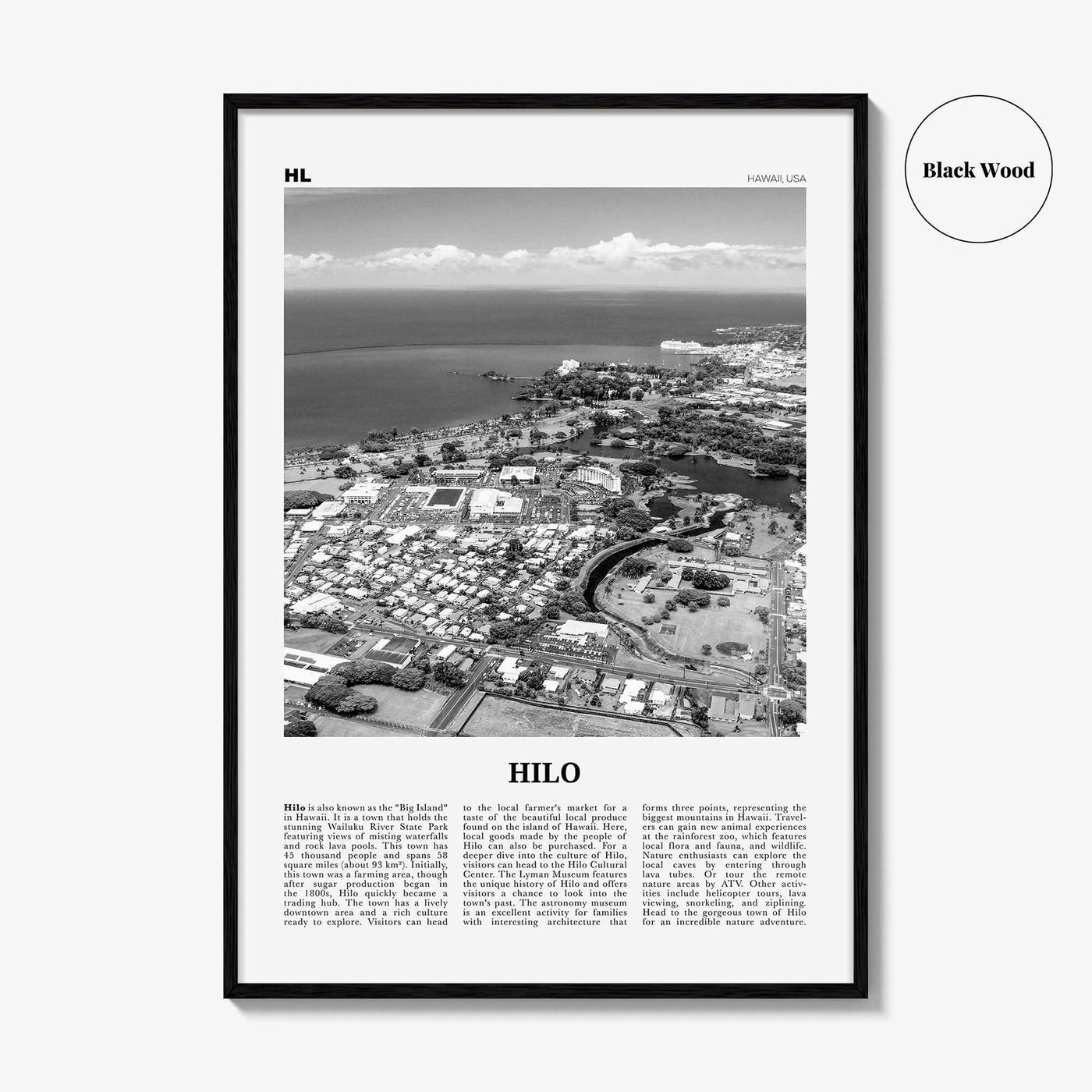 Hilo Print Black and White, Hilo Wall Art, Hilo Poster, Hilo Photo, Hilo Wall Décor, Hilo Map, Hawaii, USA
