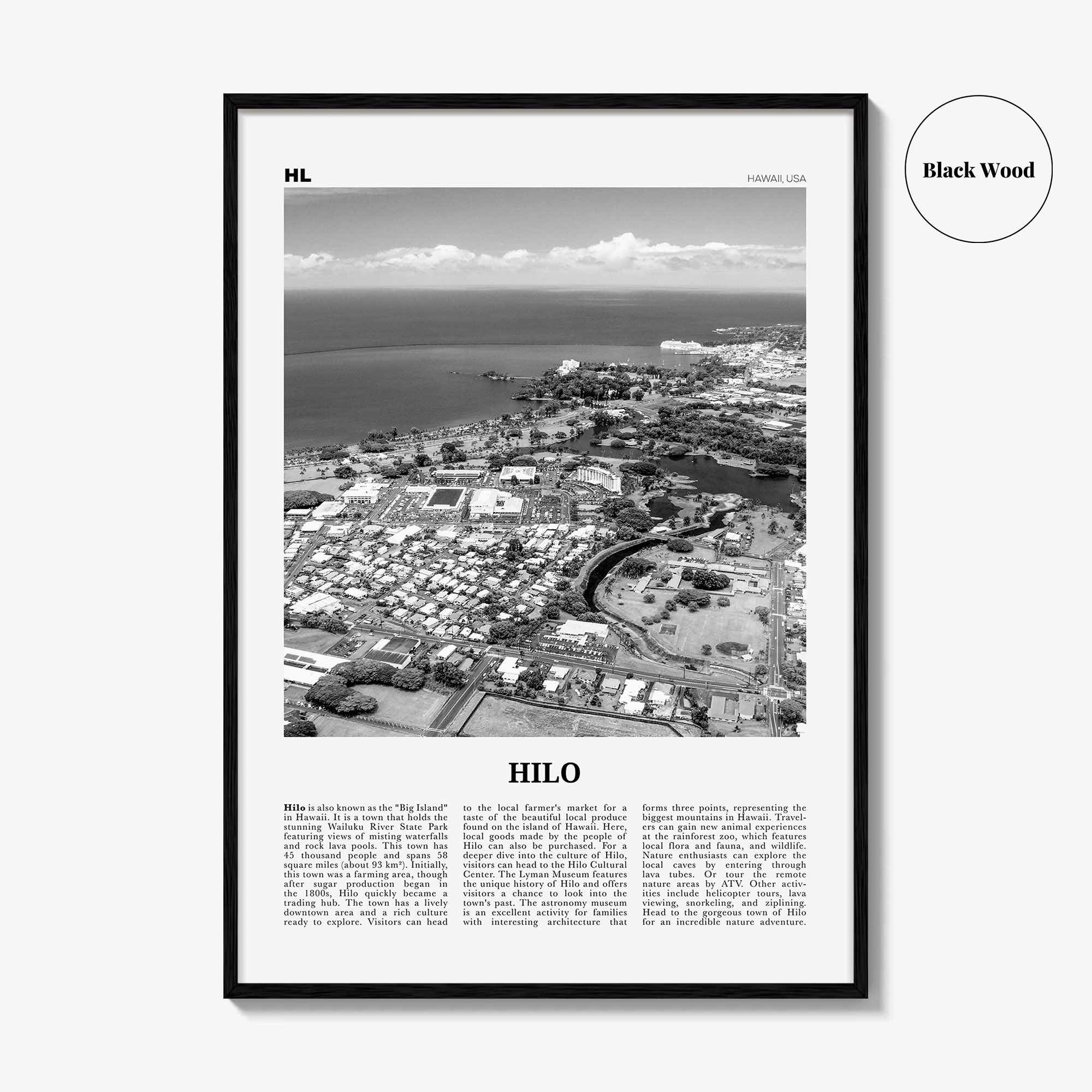 Hilo Print Black and White, Hilo Wall Art, Hilo Poster, Hilo Photo, Hilo Wall Décor, Hilo Map, Hawaii, USA