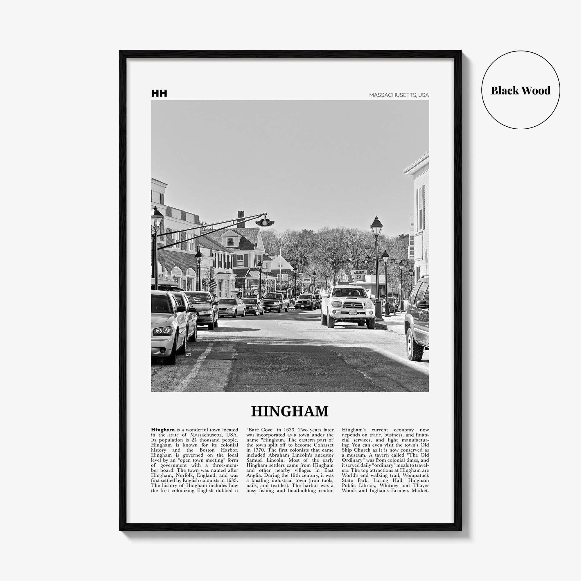 Hingham Print Black and White, Hingham Wall Art, Hingham Poster, Hingham Photo, Hingham Map, Hingham Wall Decor, Massachusetts, USA
